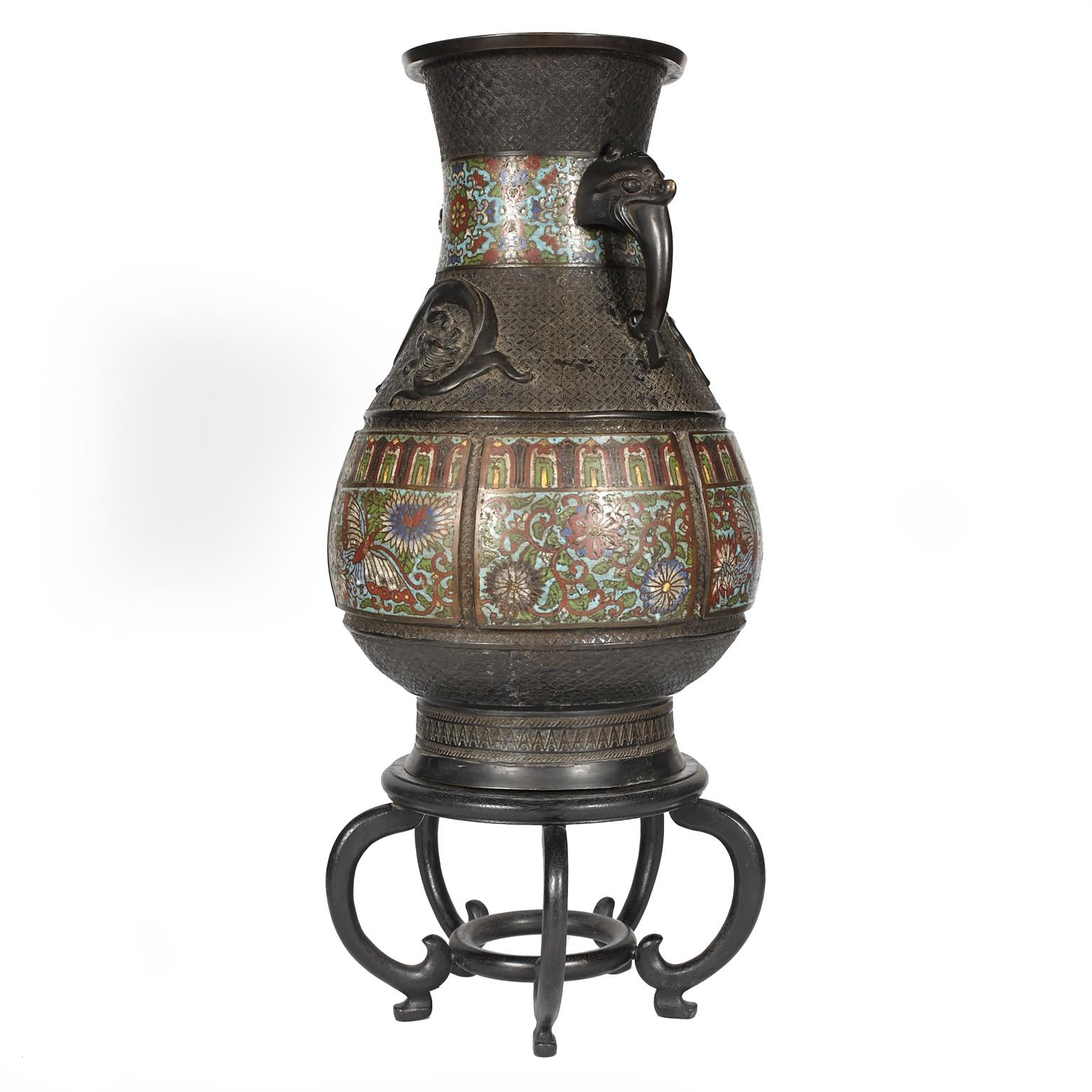 Large Chinese Champlevé Enamel and Bronze Vase/Urn with Rosewood Stand In Good Condition For Sale In Tucson, AZ