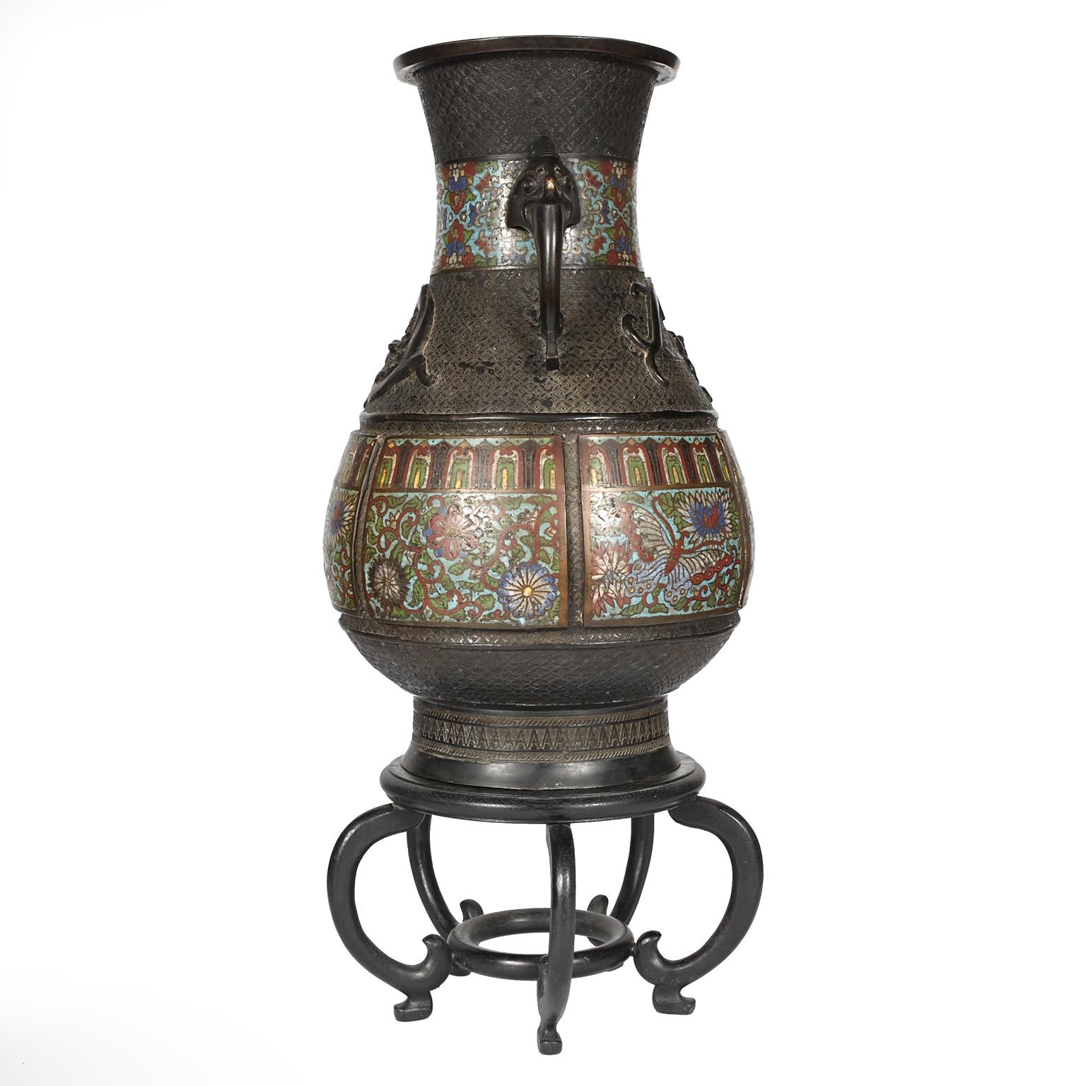 20th Century Large Chinese Champlevé Enamel and Bronze Vase/Urn with Rosewood Stand For Sale
