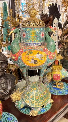 Großer chinesischer Räuchergefäß aus Bronze mit Champlevé-Emaille
