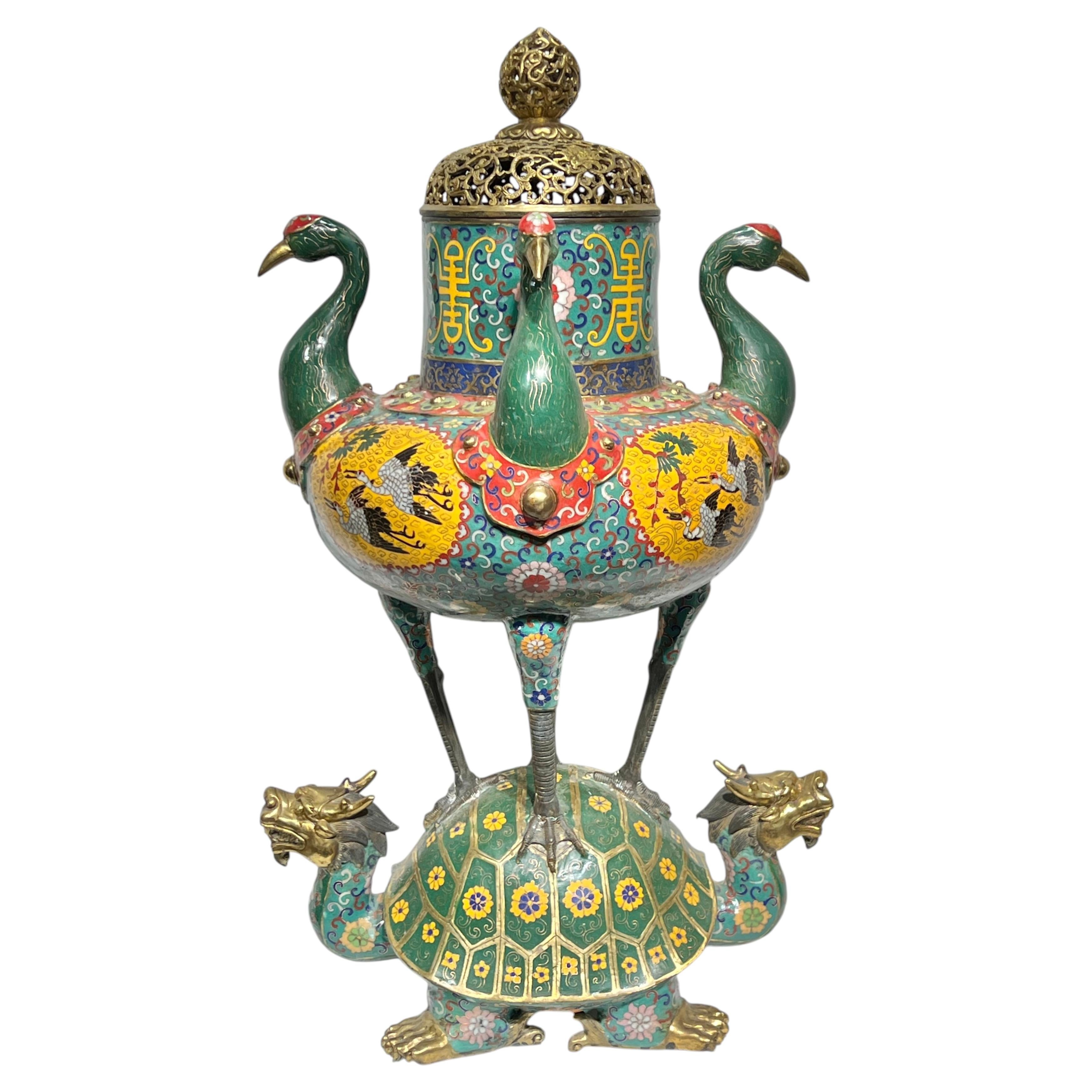 Large Chinese Champleve Enameled Bronze Censer
