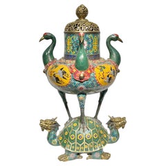 Großer chinesischer Räuchergefäß aus Bronze mit Champlevé-Emaille