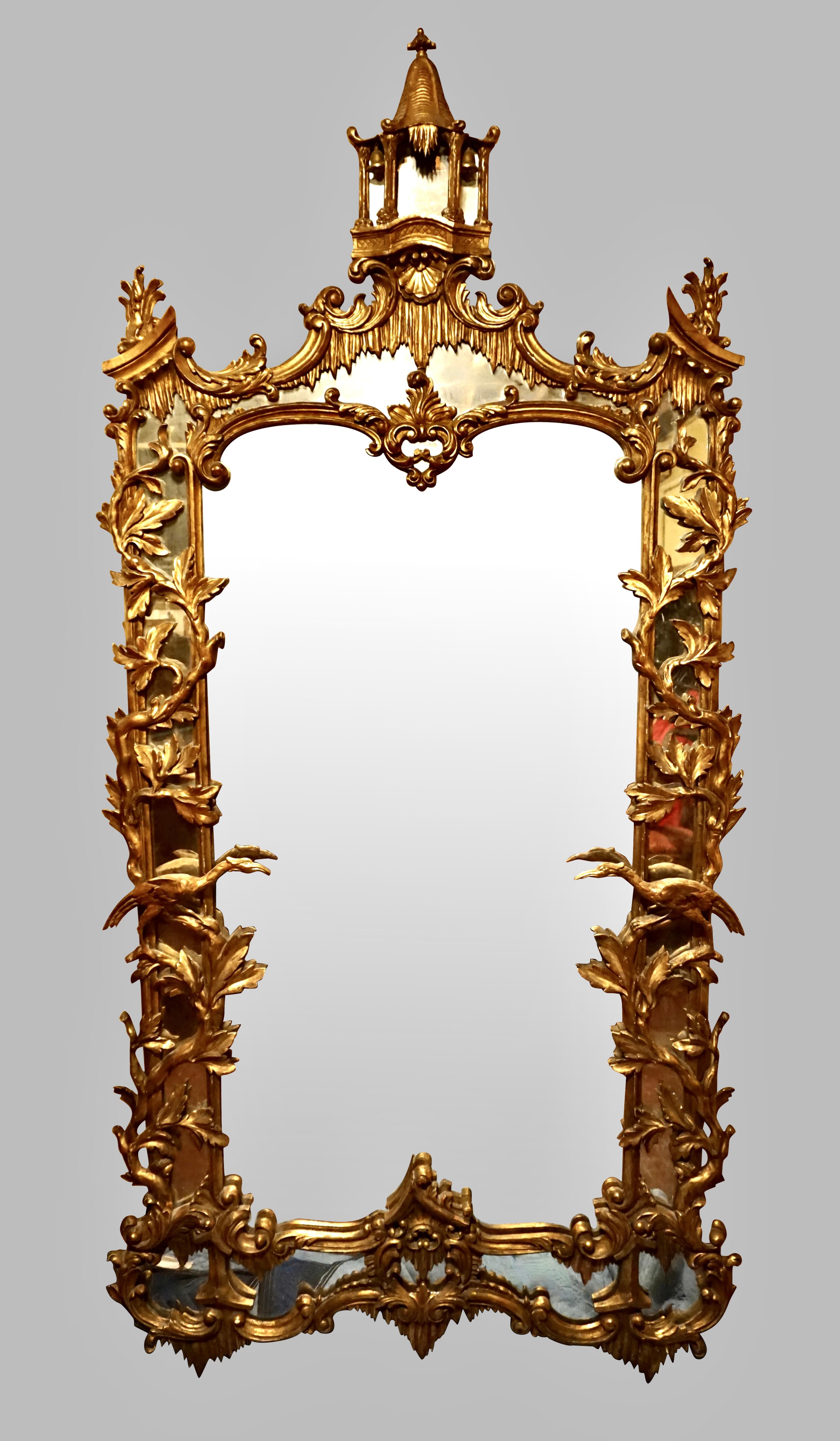 English  Large Chinese Chippendale Style Giltwood Mirror with Ho-Ho Bird Surround