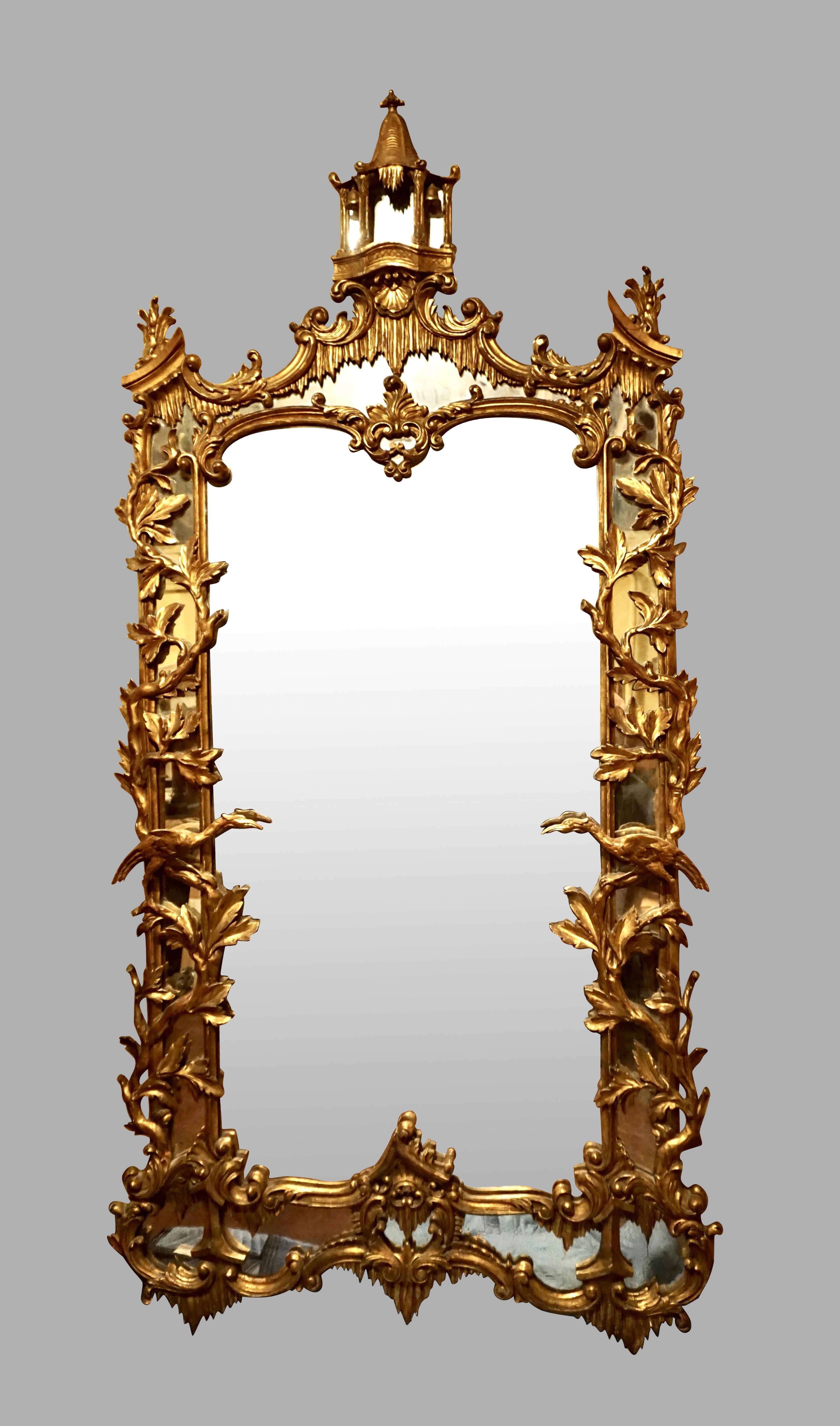  Large Chinese Chippendale Style Giltwood Mirror with Ho-Ho Bird Surround In Good Condition In San Francisco, CA