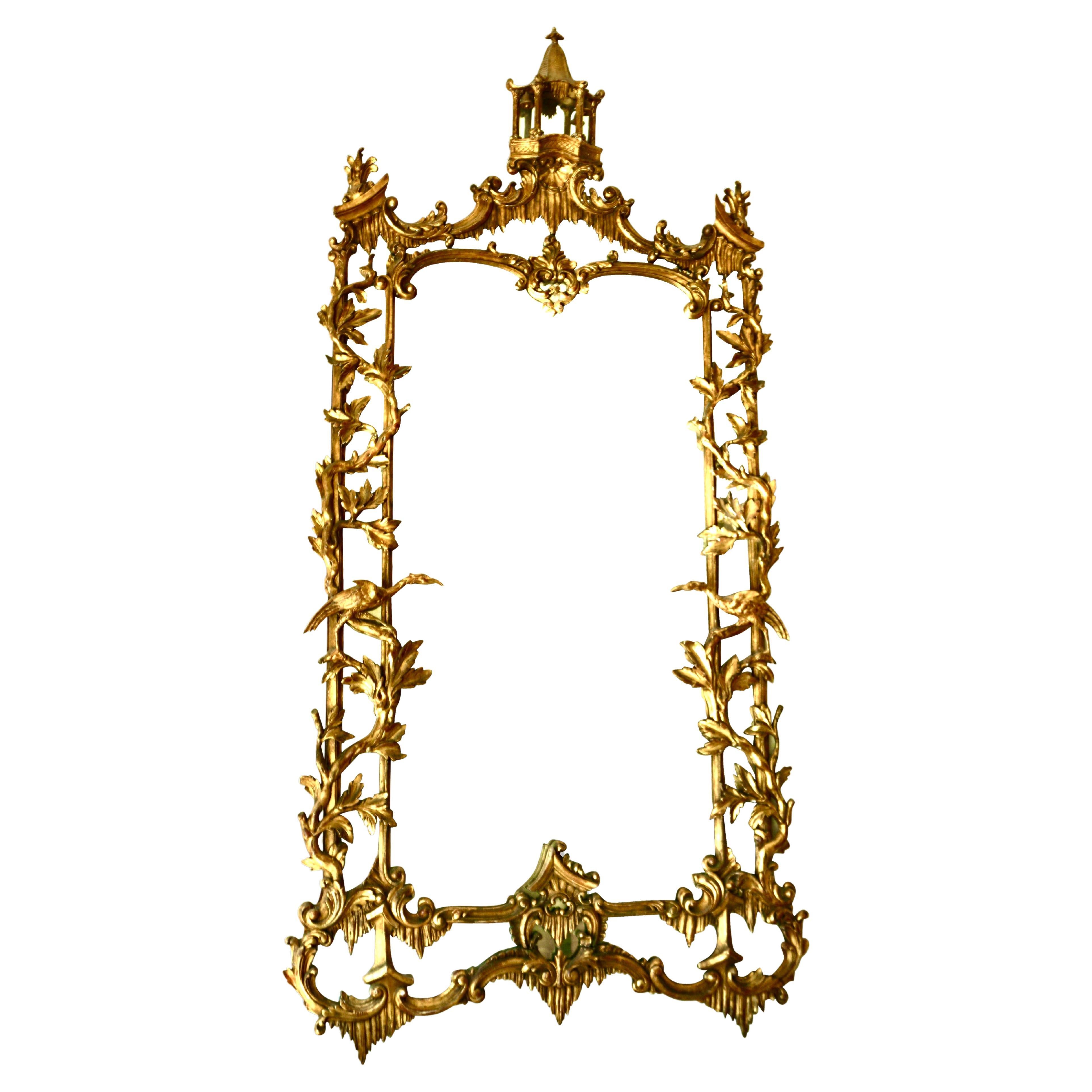  Large Chinese Chippendale Style Giltwood Mirror with Ho-Ho Bird Surround