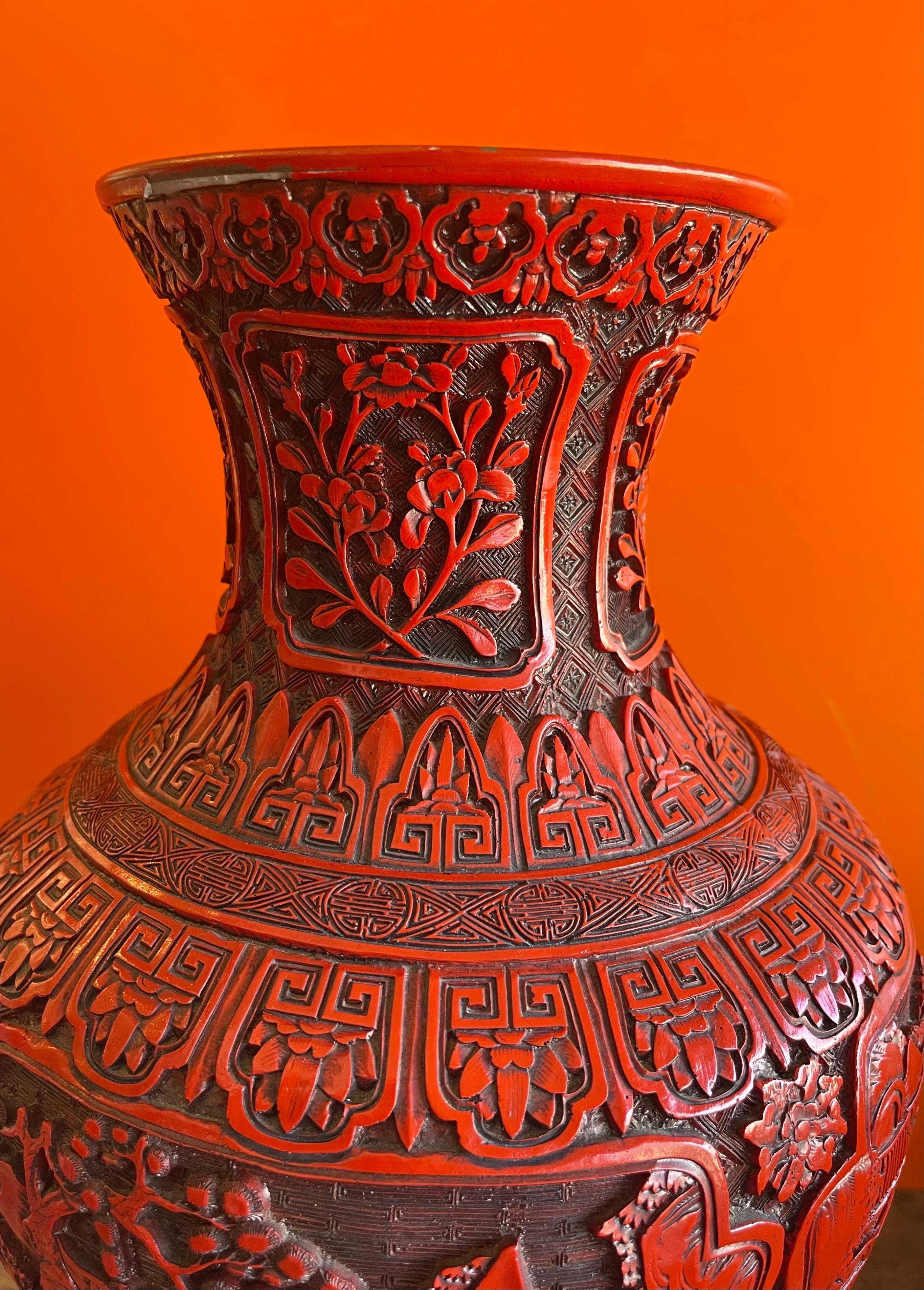 Large Chinese Cinnabar Lacquered Vase In Good Condition For Sale In San Diego, CA