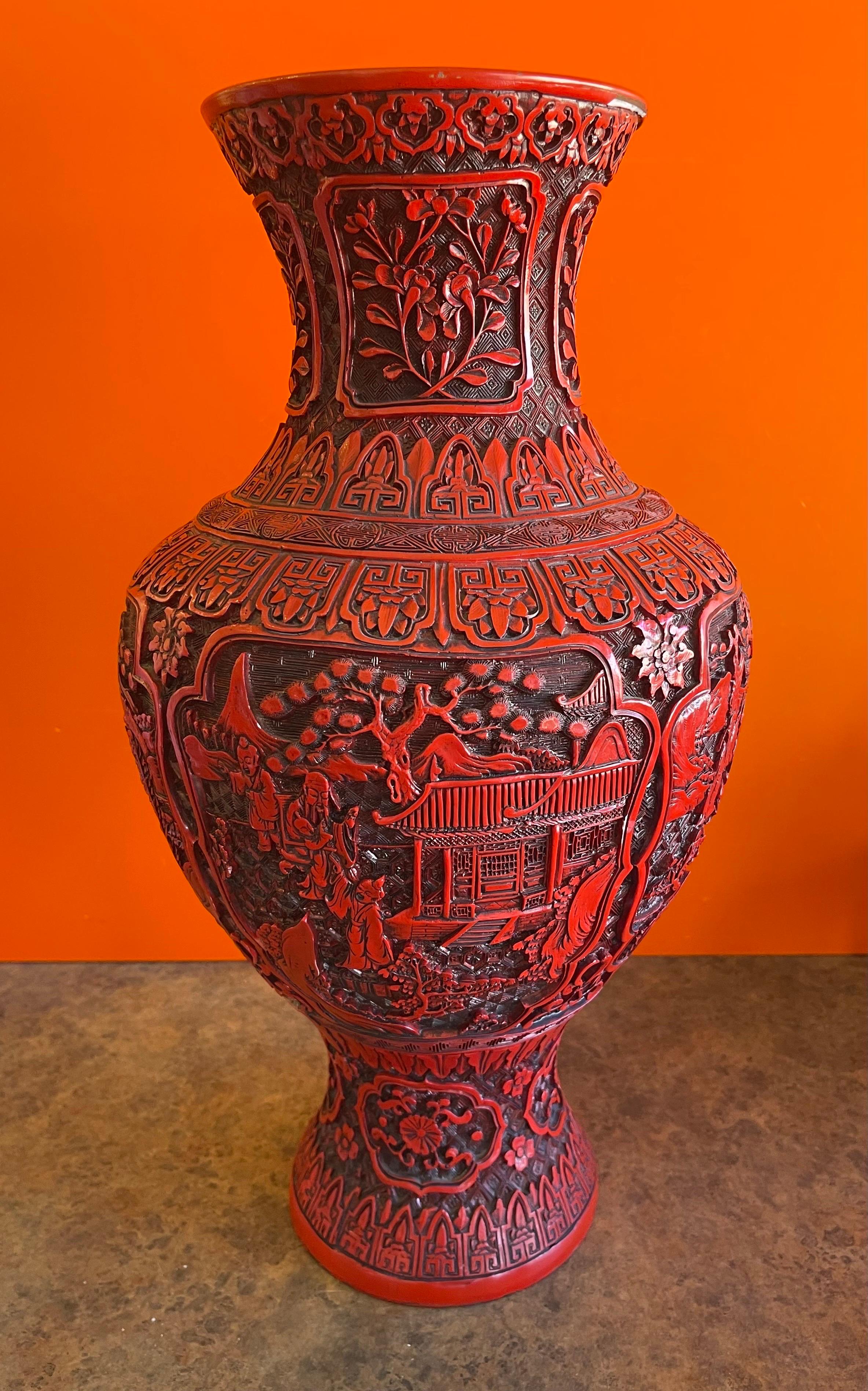 Brass Large Chinese Cinnabar Lacquered Vase For Sale