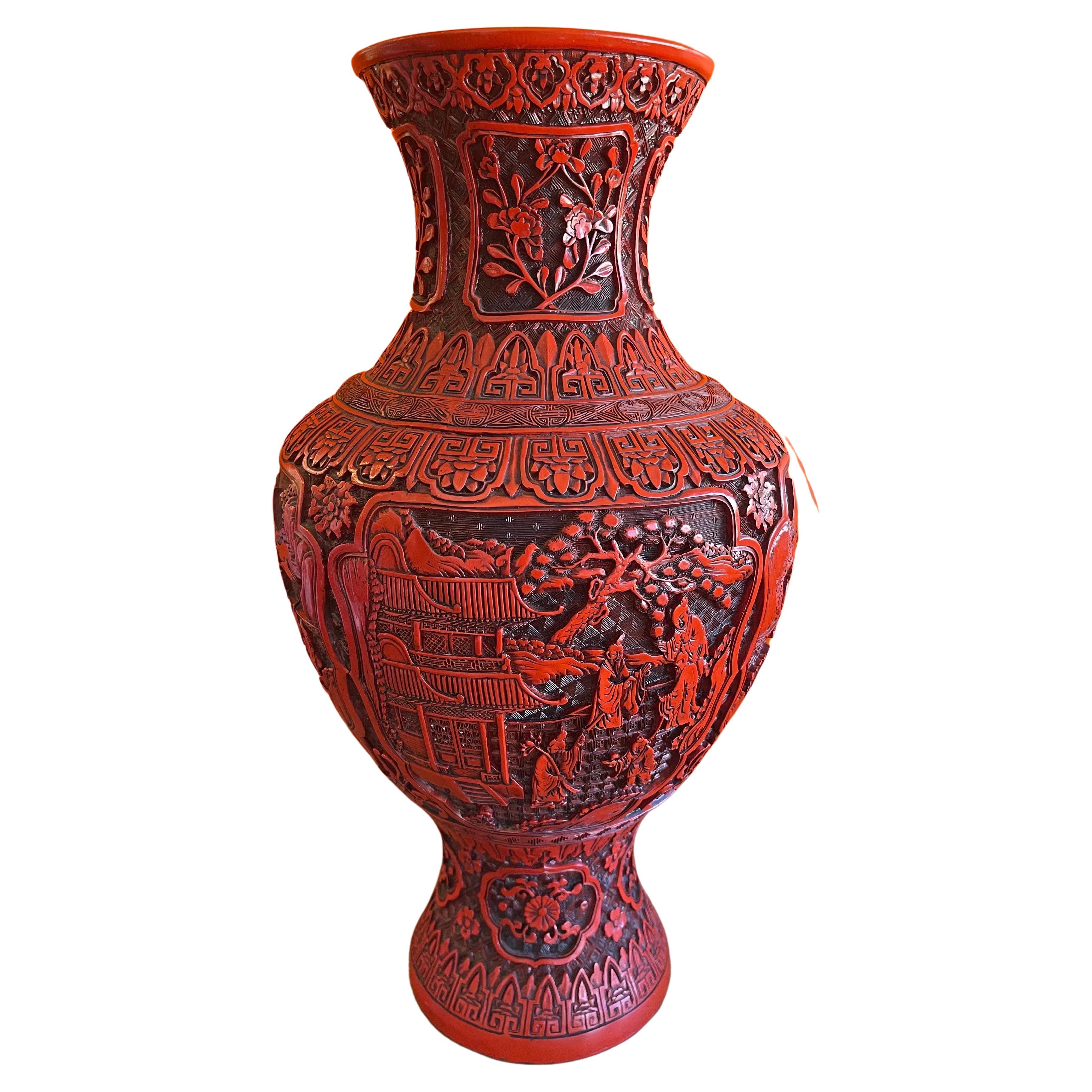 Large Chinese Cinnabar Lacquered Vase For Sale