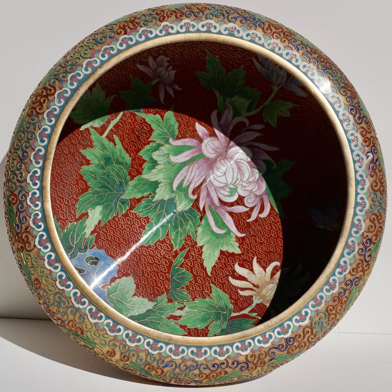 Large Chinese Cloisonné Champlevé Floral Bowl at 1stDibs