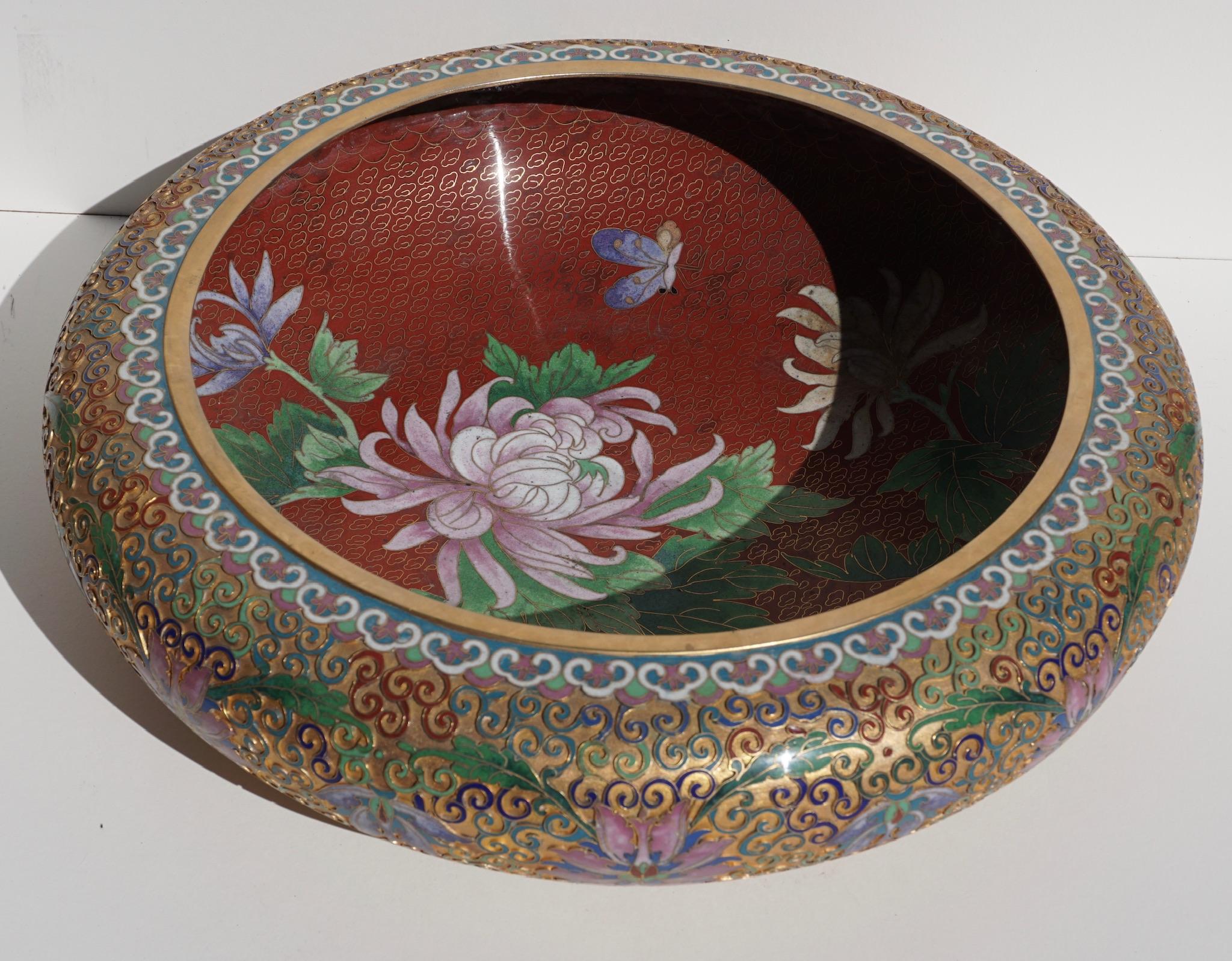 Large Chinese Cloisonné Champlevé Floral Bowl In Good Condition In Dallas, TX