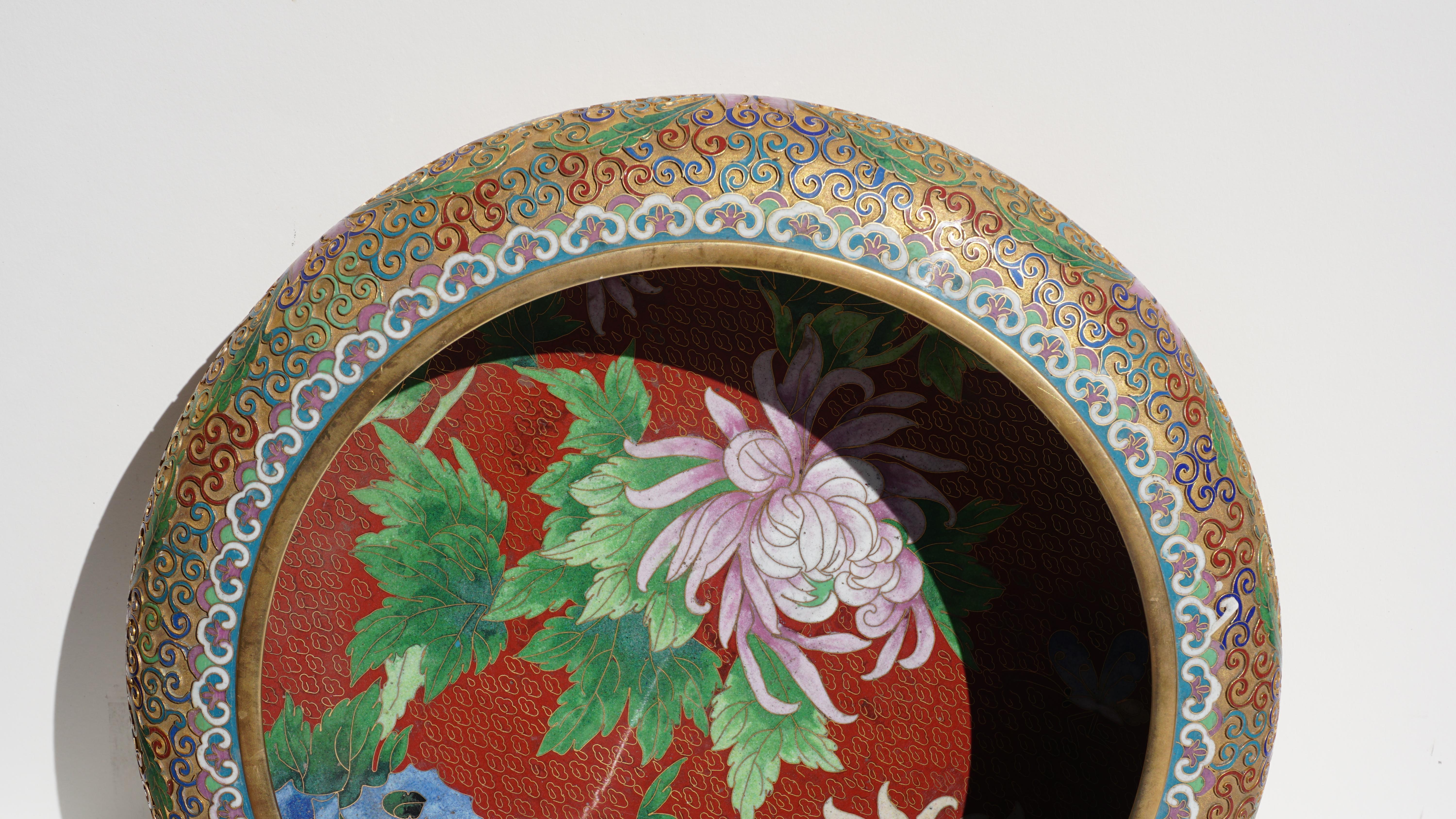 Chinoiserie Large Chinese Cloisonné Champlevé Floral Bowl