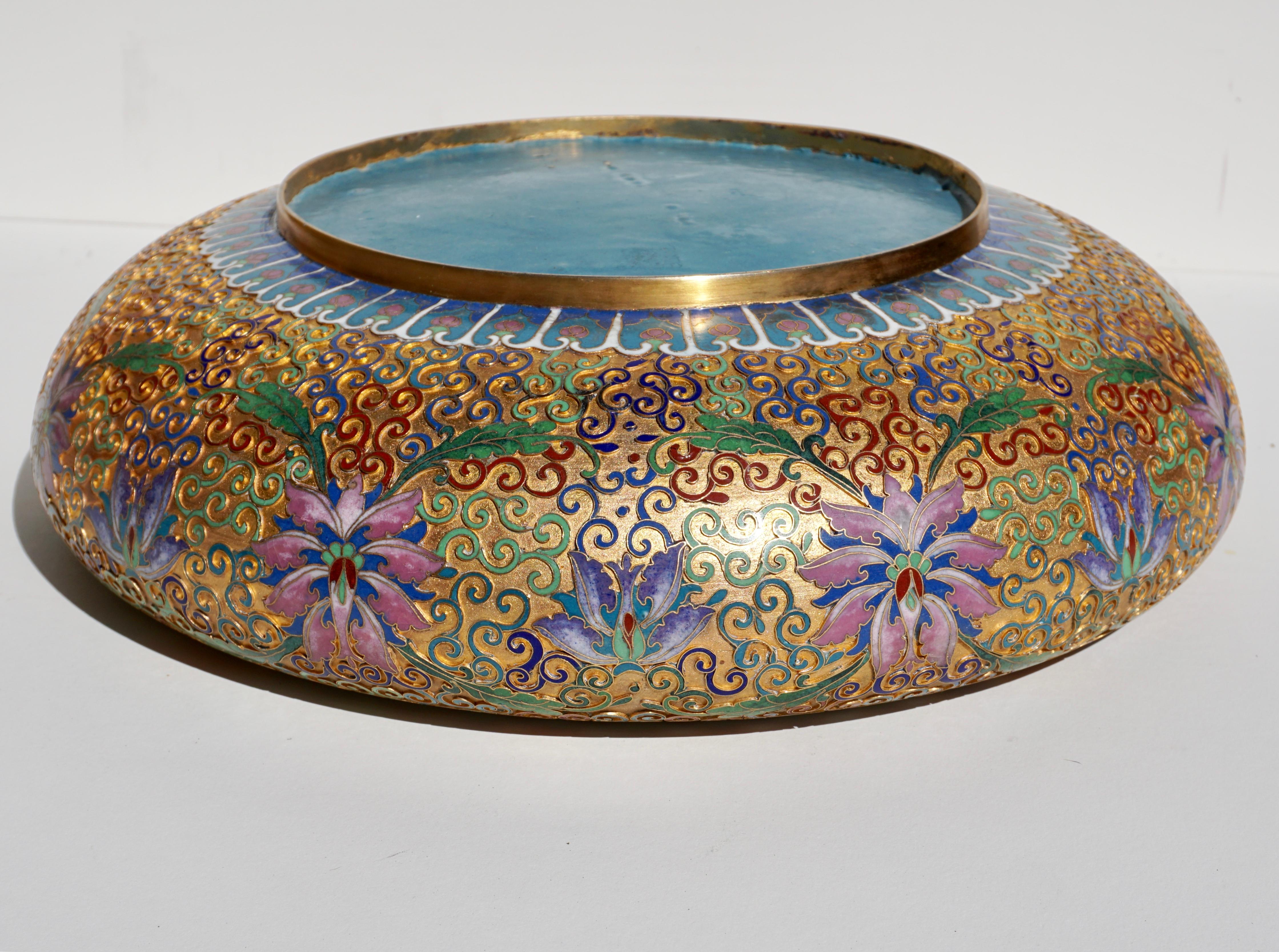 Large Chinese Cloisonné Champlevé Floral Bowl In Excellent Condition In Dallas, TX
