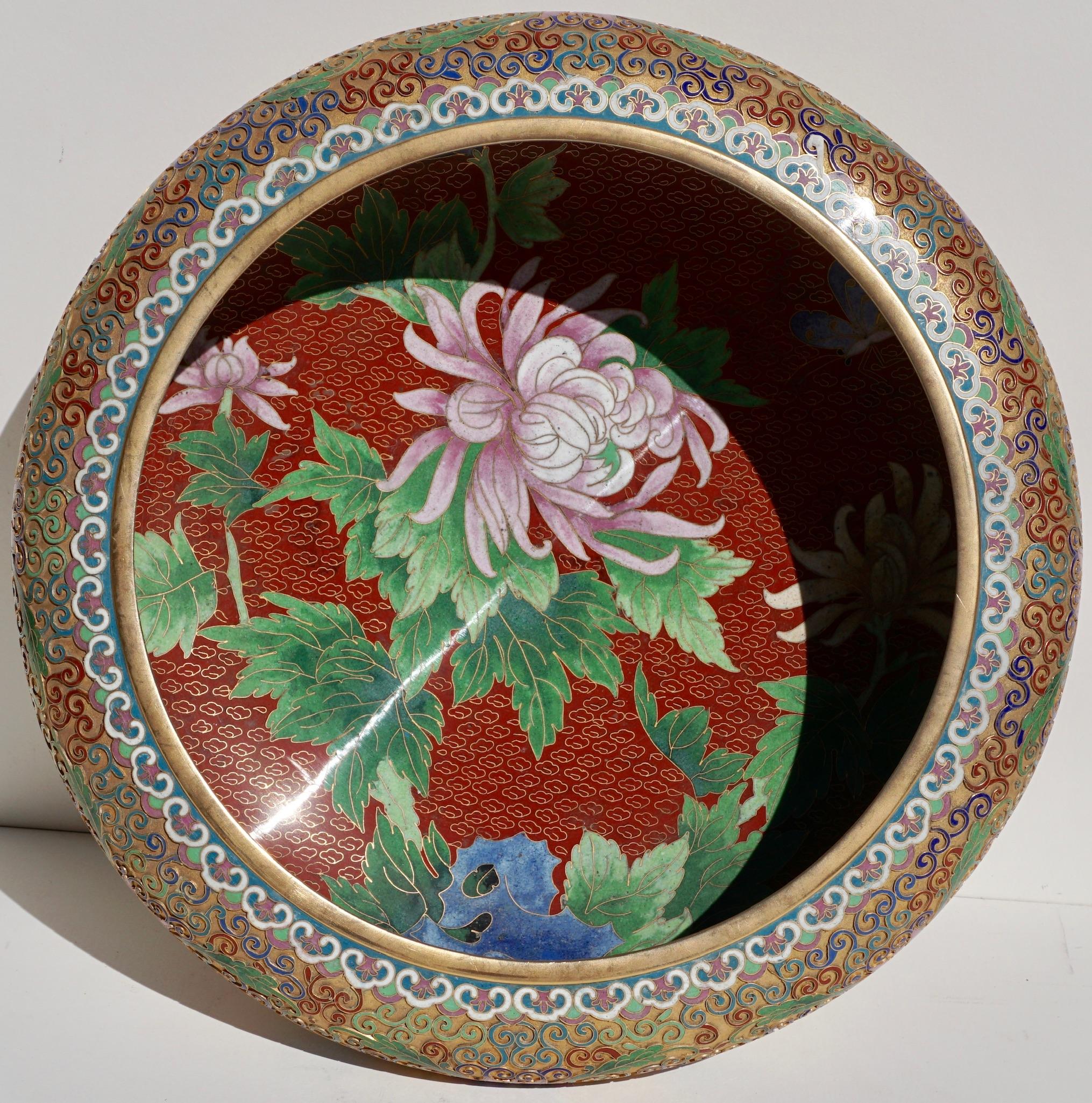 Large Chinese Cloisonné Champlevé Floral Bowl 3