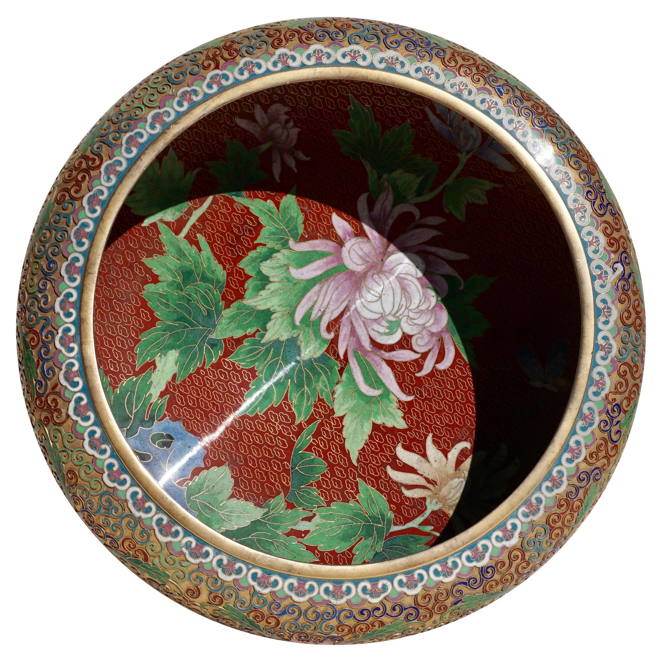 Large Chinese Cloisonné Champlevé Floral Bowl For Sale at 1stDibs