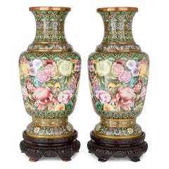 Large Chinese Cloisonné Enamel Floral Vases Wood Stands
