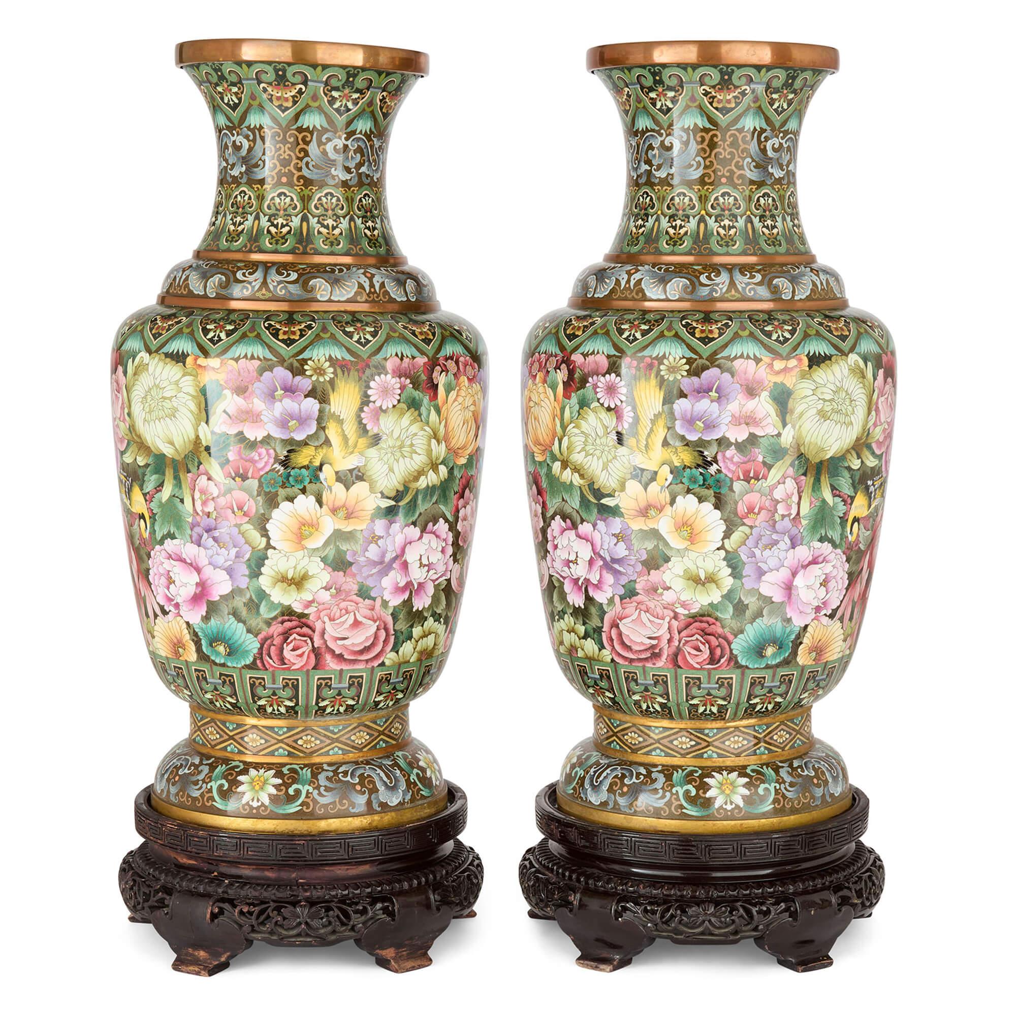 Chinese Export Large Chinese Cloisonné Enamel Floral Vases Wood Stands For Sale