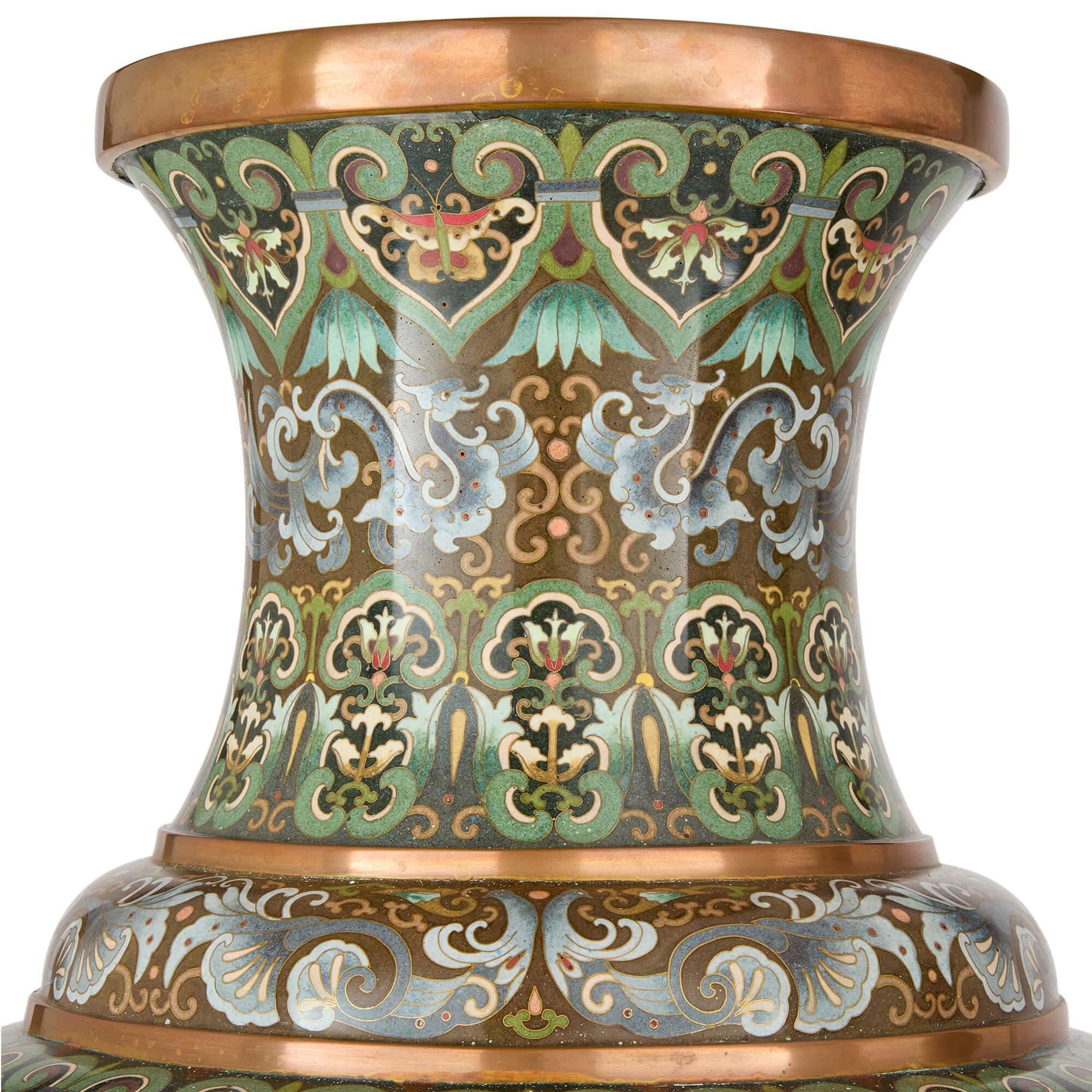 Carved Large Chinese Cloisonné Enamel Floral Vases Wood Stands For Sale