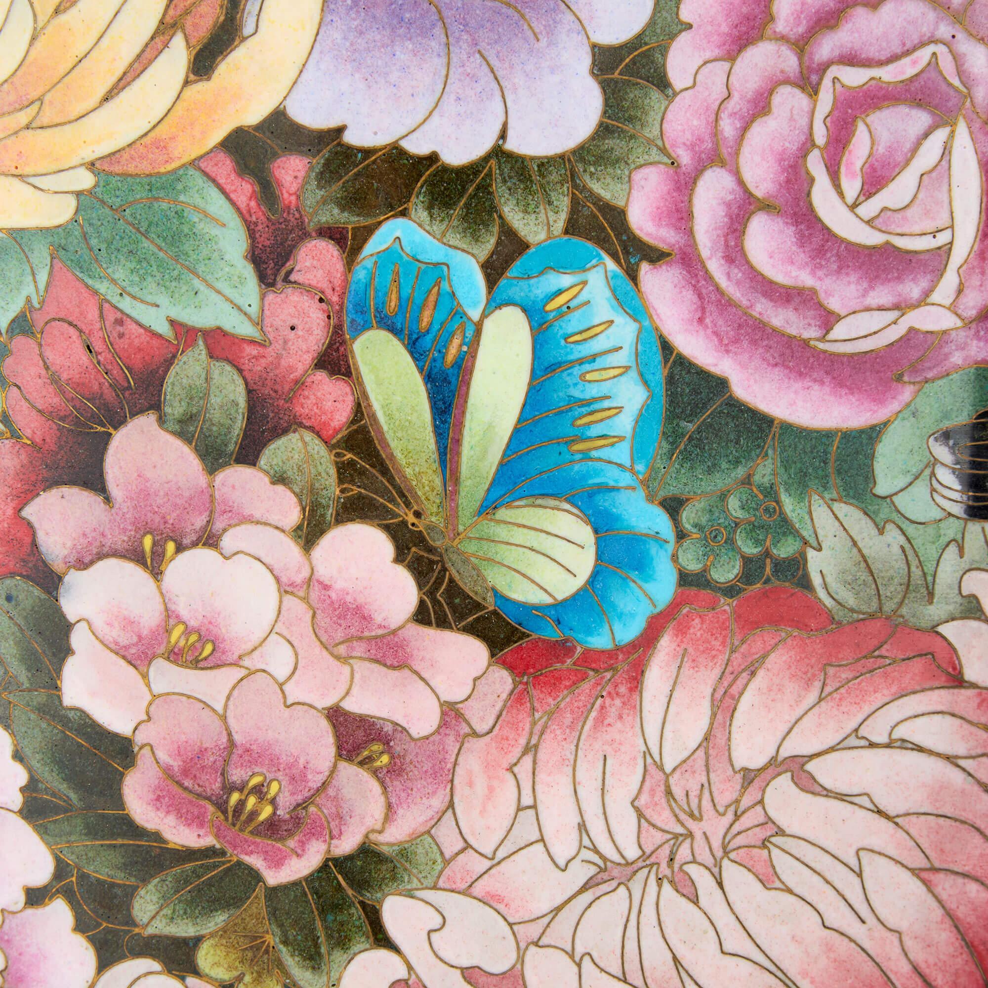 Large Chinese Cloisonné Enamel Floral Vases Wood Stands In Good Condition For Sale In London, GB