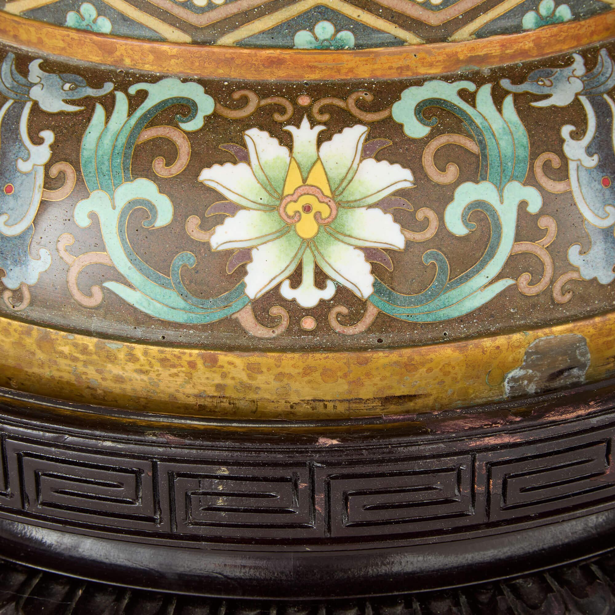 Metal Large Chinese Cloisonné Enamel Floral Vases Wood Stands For Sale