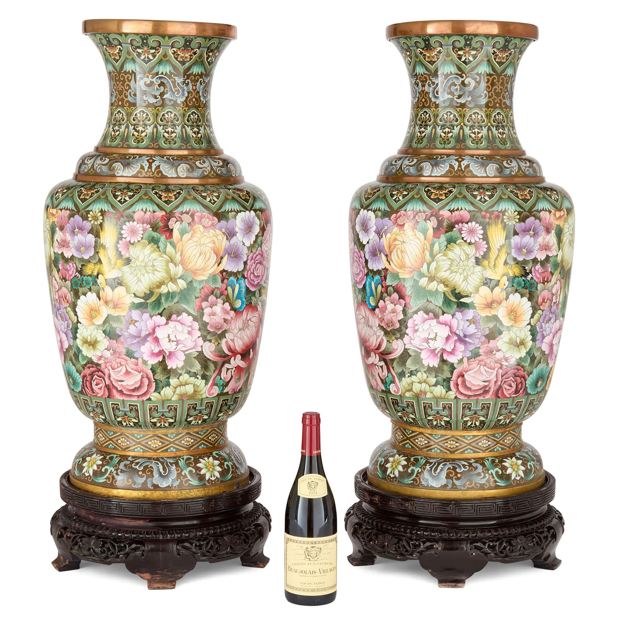 Large Chinese Cloisonné Enamel Floral Vases Wood Stands For Sale 1