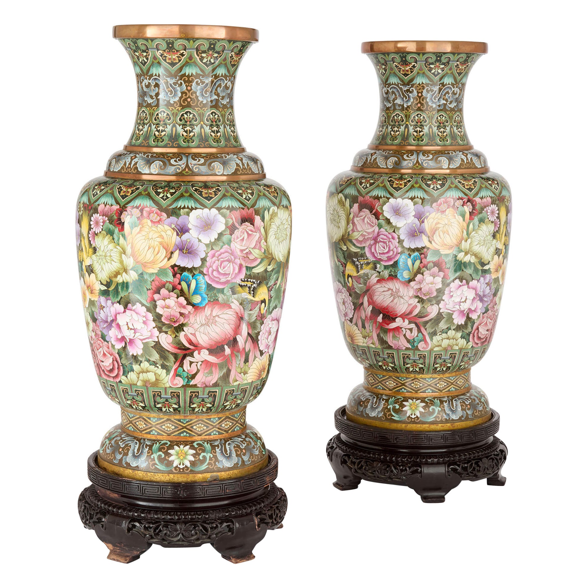 Large Chinese Cloisonné Enamel Floral Vases Wood Stands For Sale