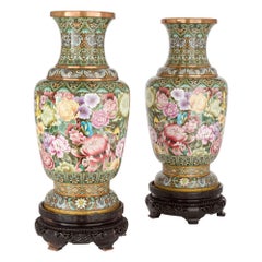 Large Chinese Cloisonné Enamel Floral Vases Wood Stands