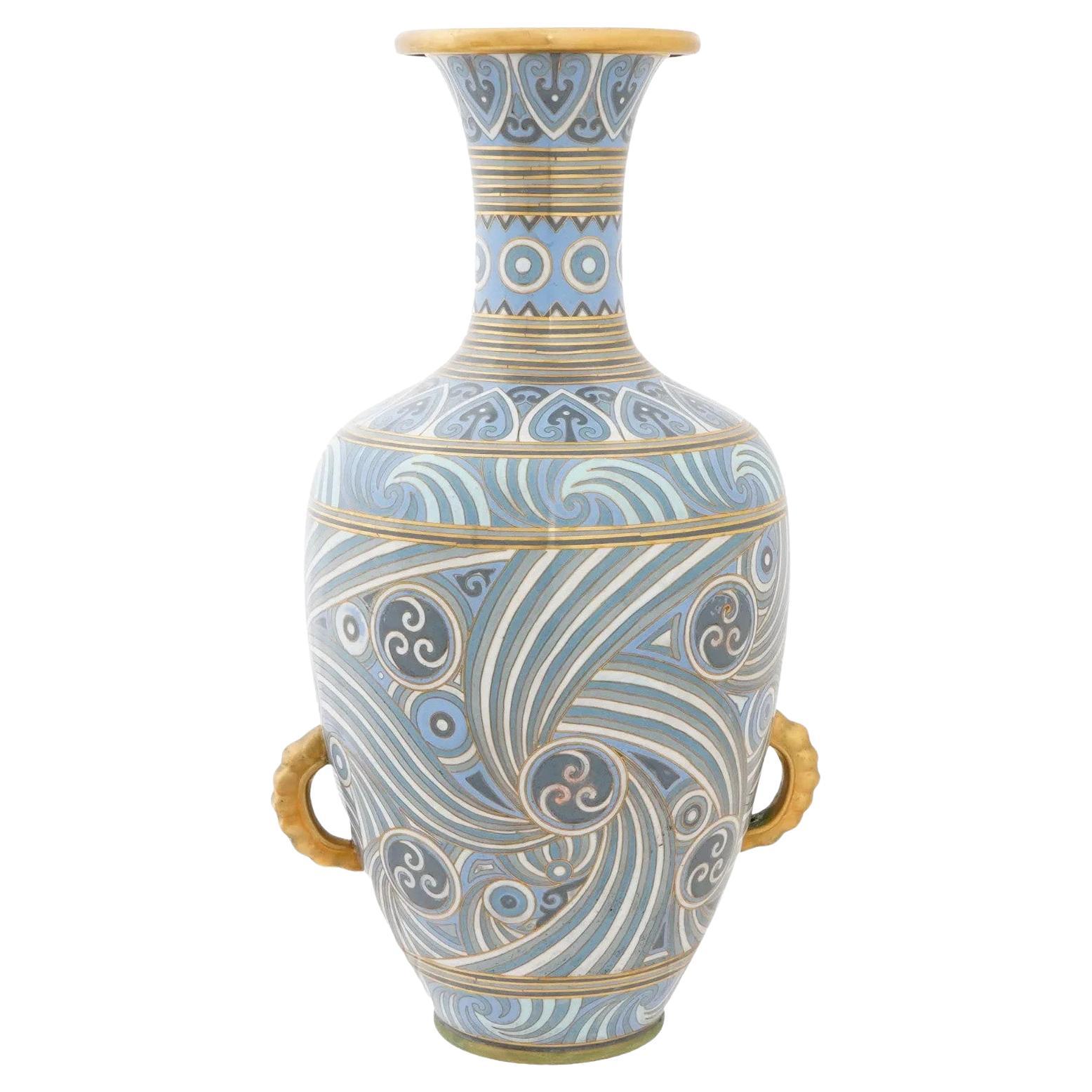 Large Chinese cloisonné enamel vase w wave pattern For Sale