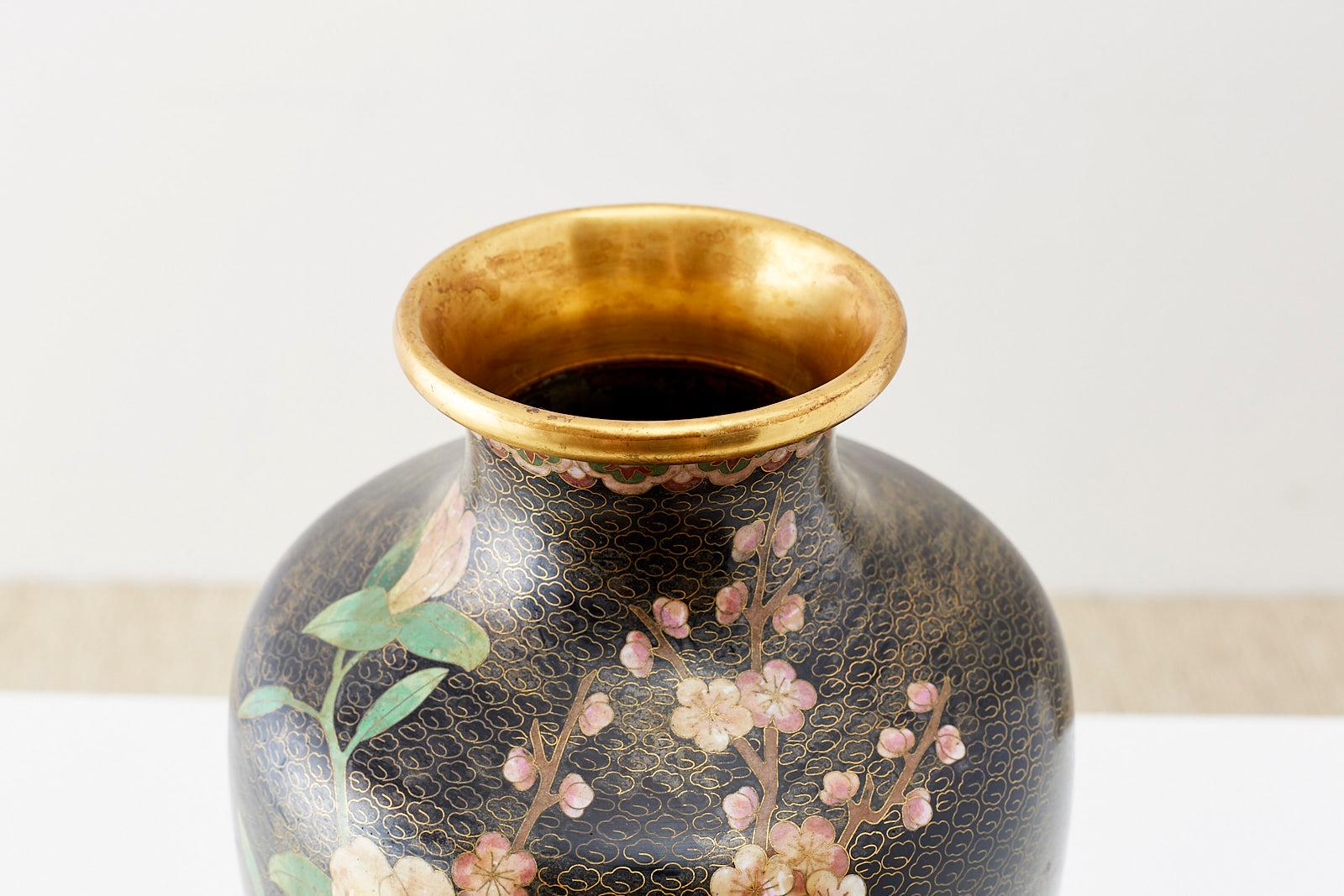 Ceramic Large Chinese Cloisonné Vase with Floral Decoration For Sale