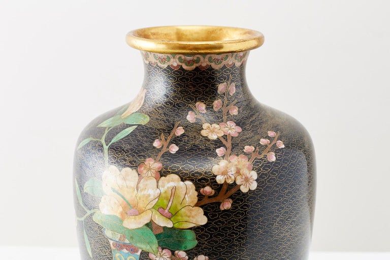 Hand-Crafted Large Chinese Cloisonné Vase with Floral Decoration For Sale