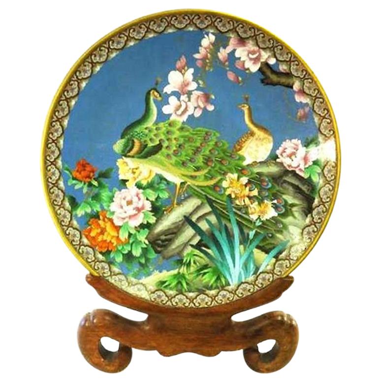 Large Chinese Closene Charger with Peacocks on Original Wood Stand