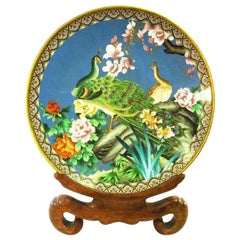 Large Chinese Closene Charger with Peacocks on Original Wood Stand