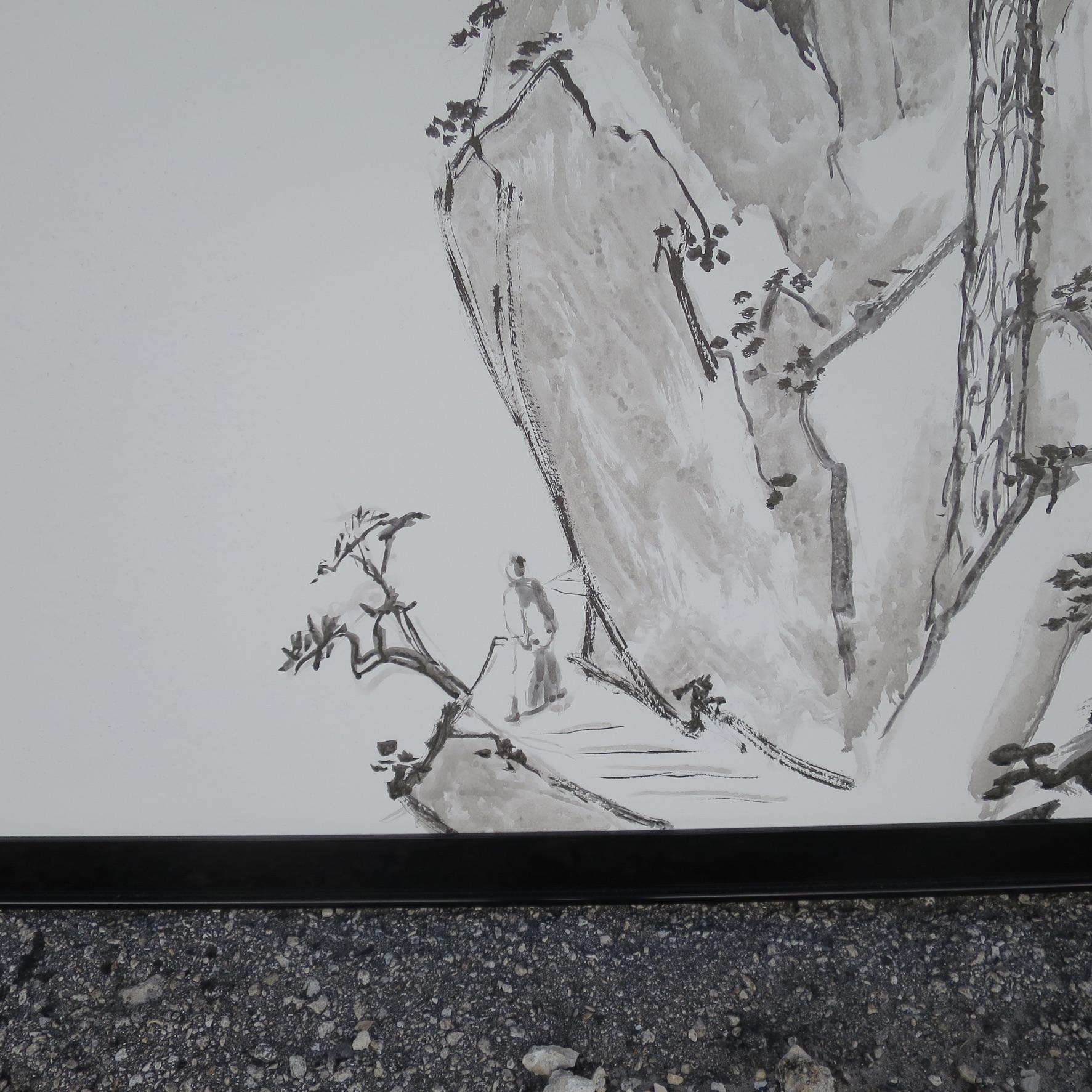 Fine XX secolo Grande pannello firmato di paesaggio animato cinese contemporaneo dipinto su carta in vendita