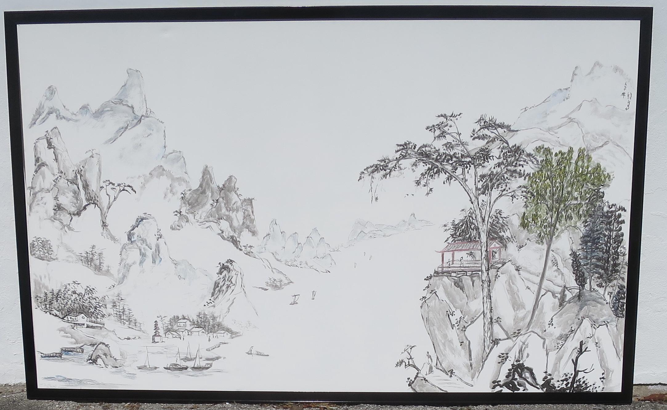 Large Chinese Contemporary Animated Landscape Signed Panel Painted on Paper For Sale 6