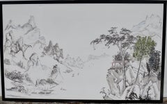 Large Chinese Contemporary Animated Landscape Signed Panel Painted on Paper
