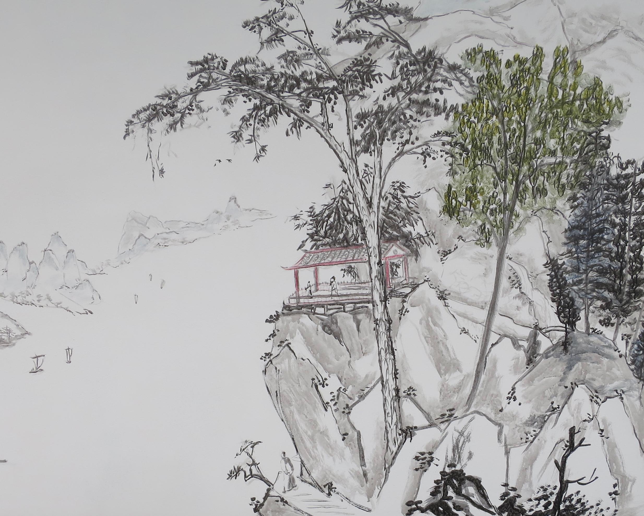 Chinois Grand panneau signé peint sur papier, paysage animé contemporain chinois en vente