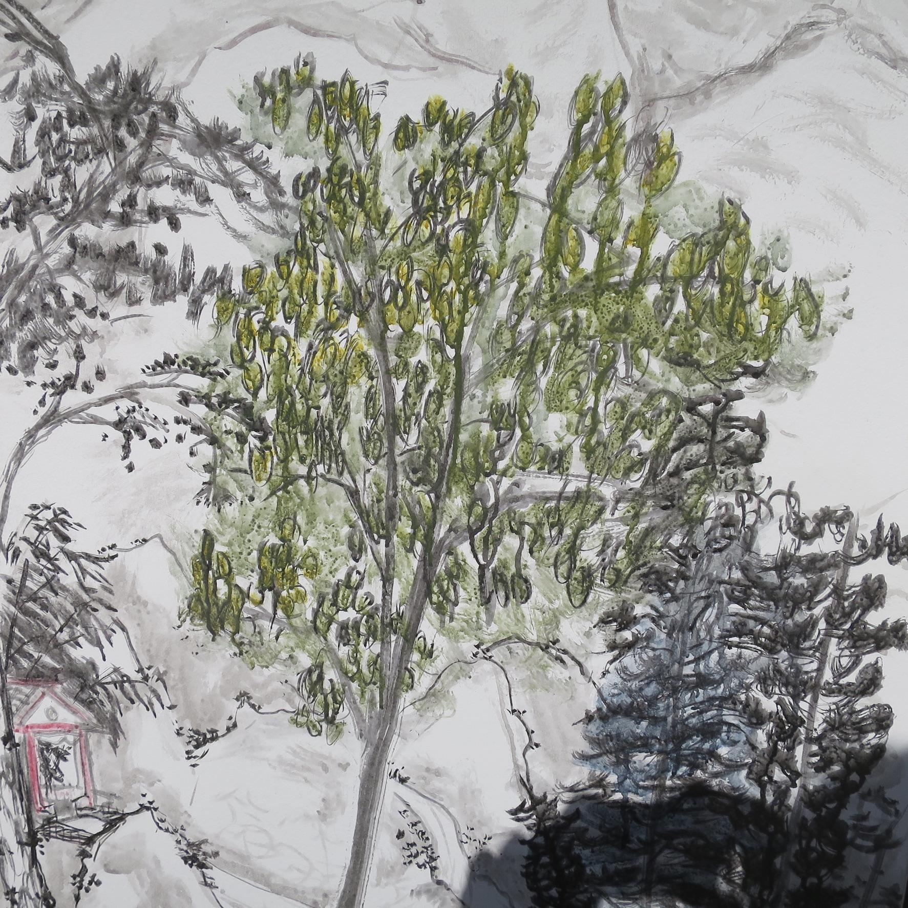Late 20th Century Large Chinese Contemporary Animated Landscape Signed Panel Painted on Paper For Sale