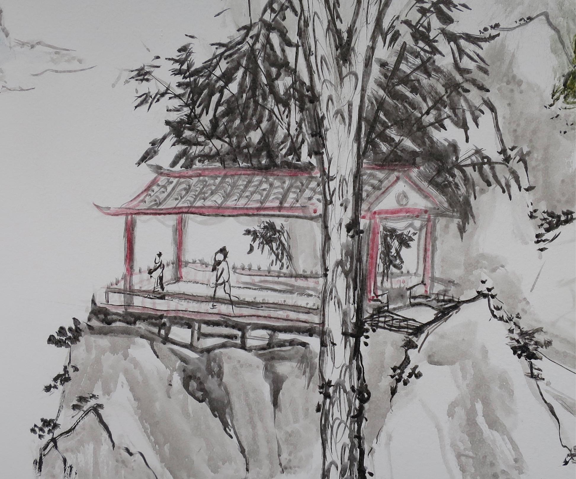 Fin du 20e siècle Grand panneau signé peint sur papier, paysage animé contemporain chinois en vente