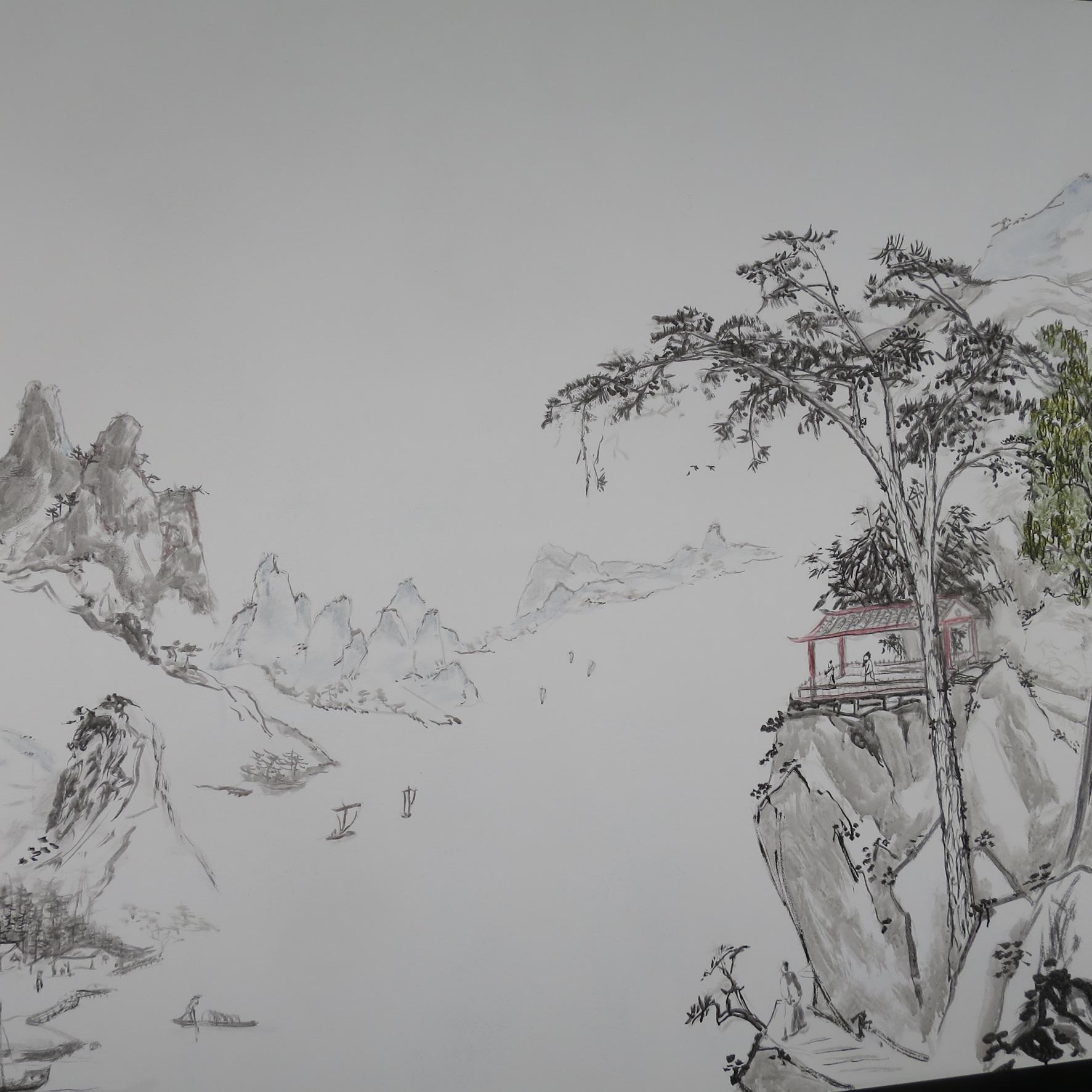 Papier Grand panneau signé peint sur papier, paysage animé contemporain chinois en vente