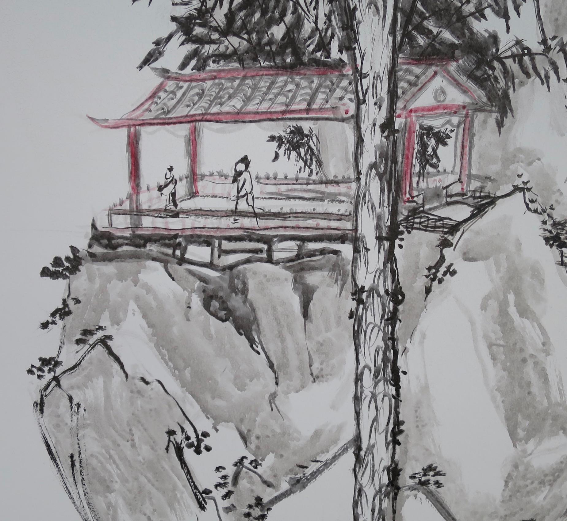 Grand panneau signé peint sur papier, paysage animé contemporain chinois en vente 1