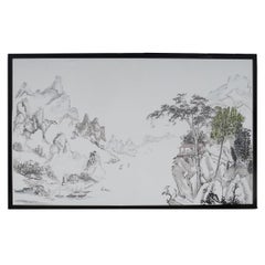 Large Chinese Contemporary Animated Landscape Signed Panel Painted on Paper