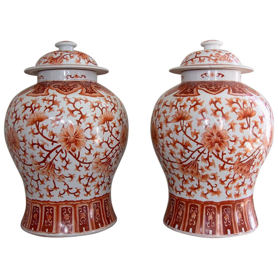 Paire de grands vases couverts en porcelaine rouge et avece, 19e - Chine en vente