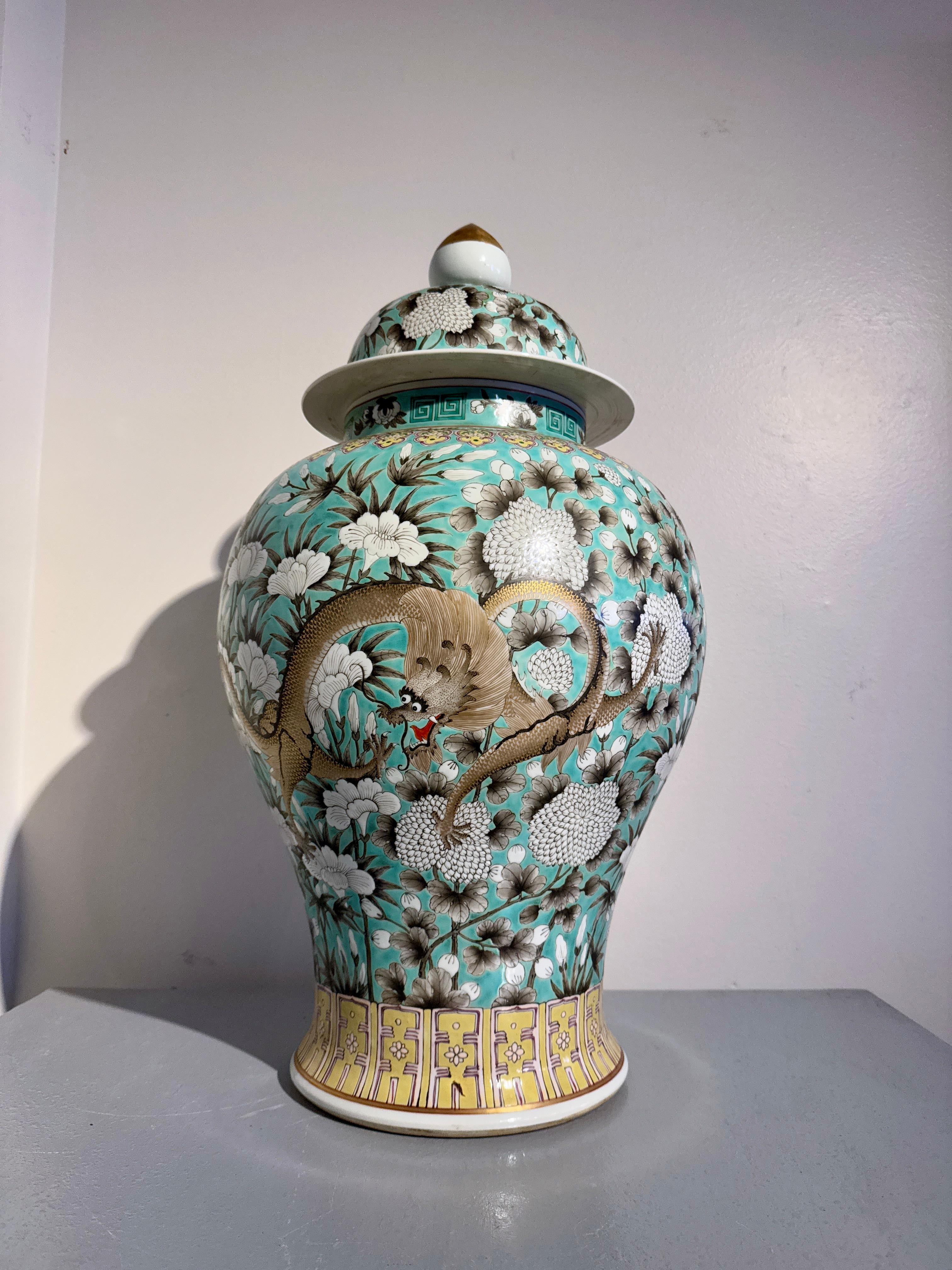 A large and impressive vintage Chinese turquoise ground and grisaille decorated Dayazhai style porcelain temple jar and cover, with a four character 
