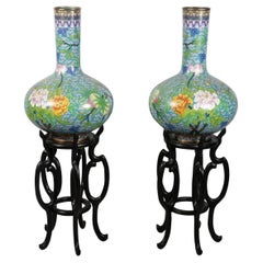 Large Chinese Enamel Cloisonné Vases on Stands A Pair