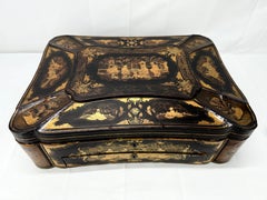 Large Chinese Export Black Lacquer & Gilt Decorated Sewing Box C. 1860