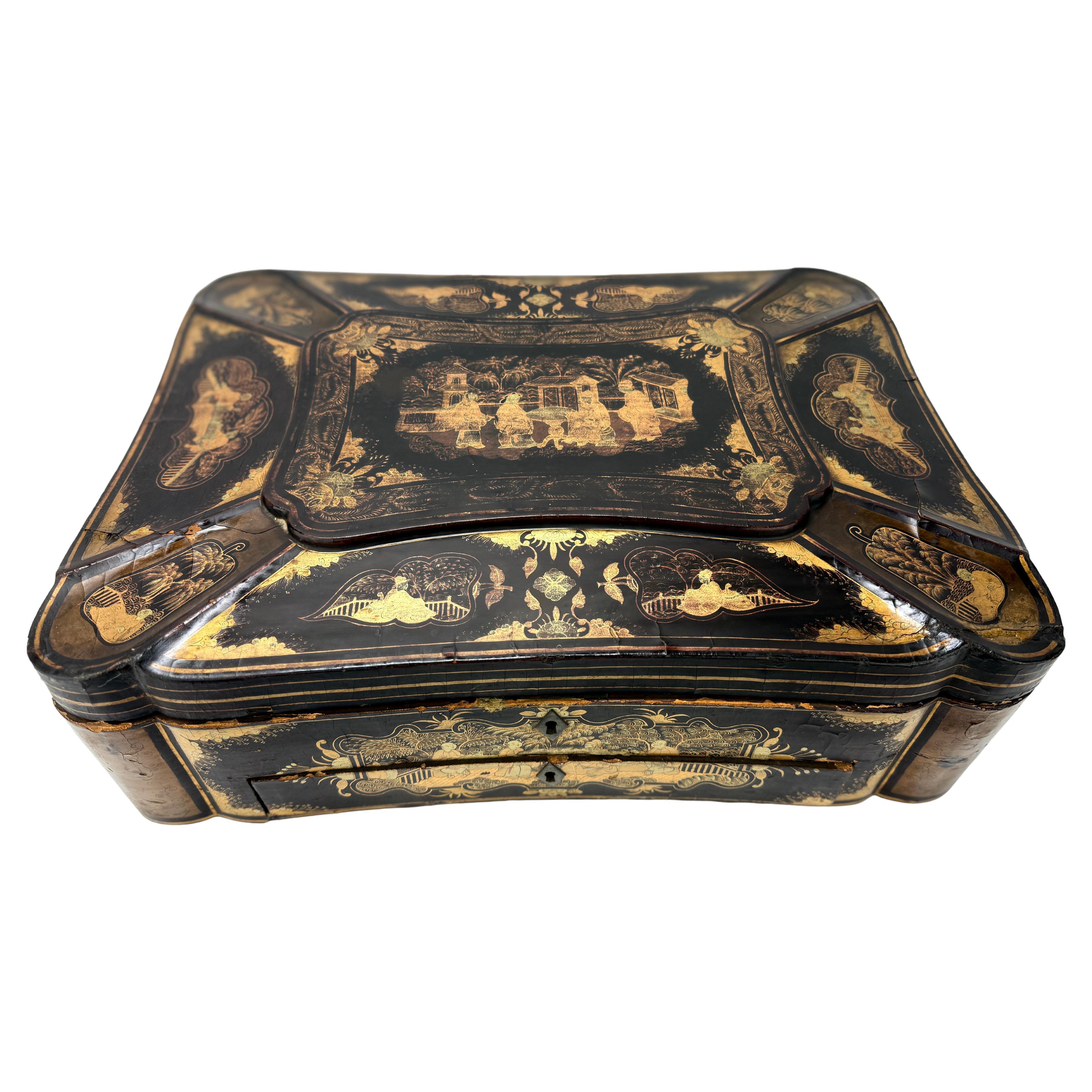 Large Chinese Export Black Lacquer & Gilt Decorated Sewing Box C. 1860