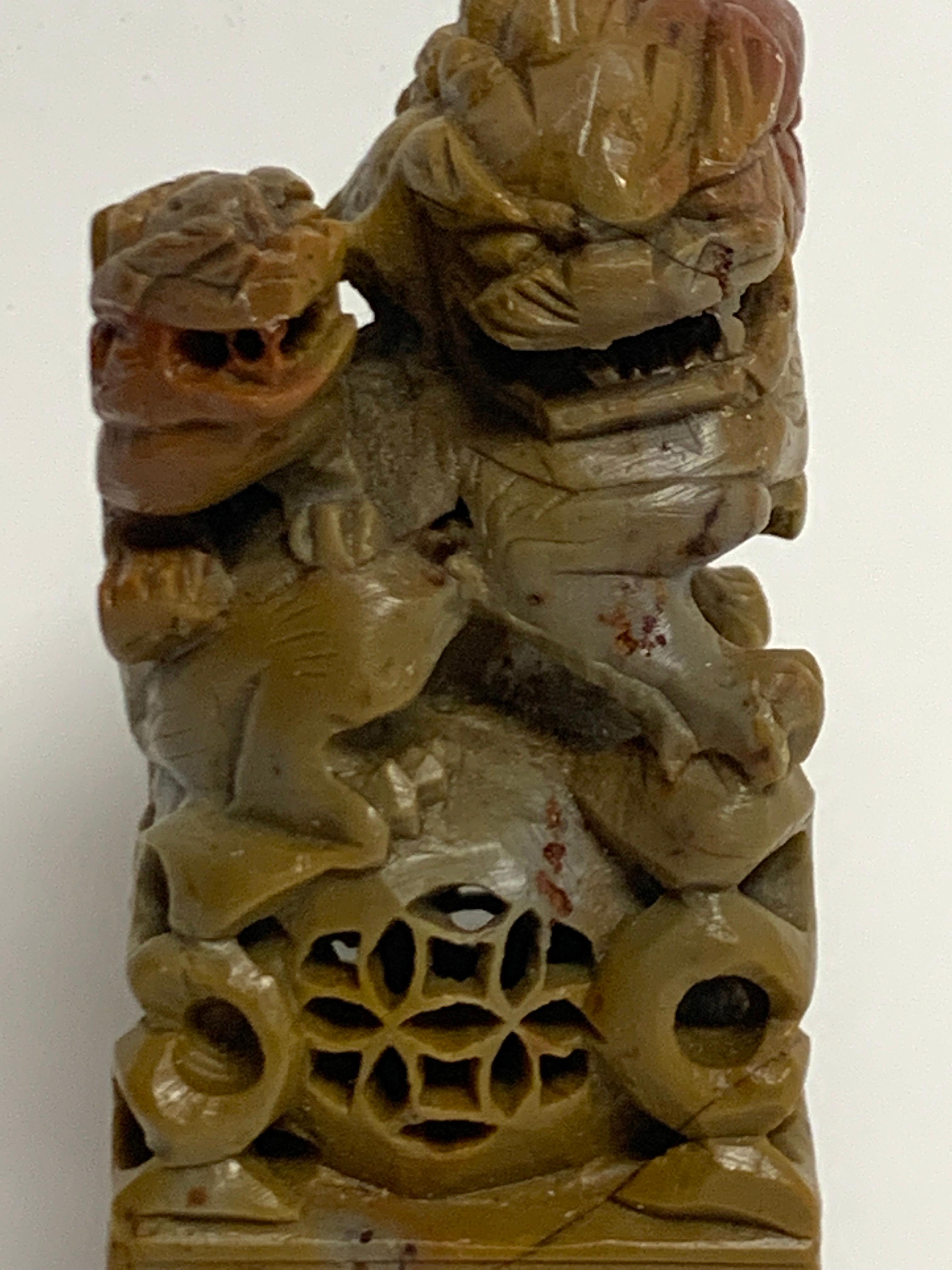 Large Chinese Export Carved Soapstone Foo Dog Scholars Seal In Good Condition For Sale In West Palm Beach, FL
