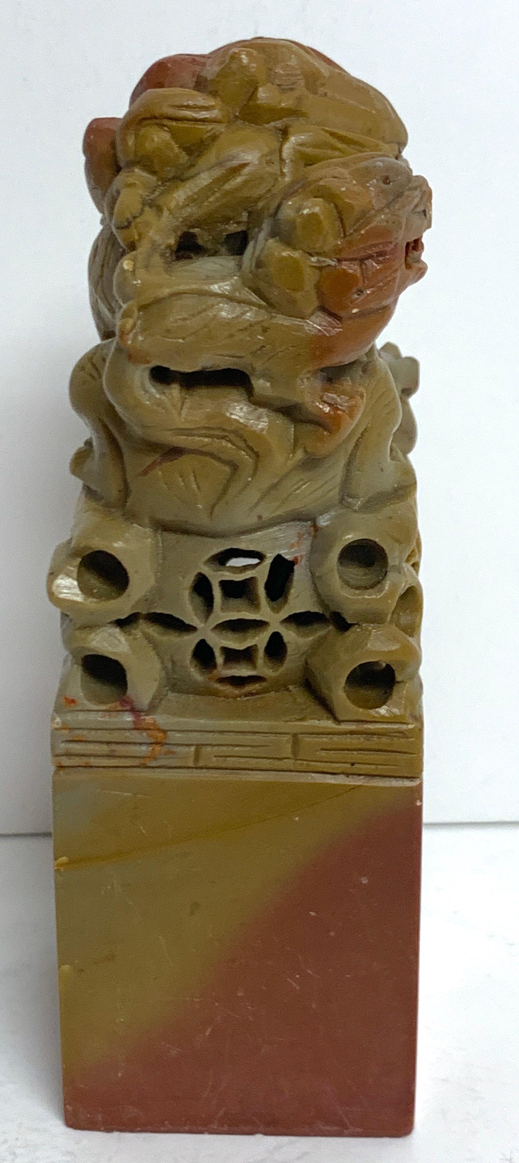 20th Century Large Chinese Export Carved Soapstone Foo Dog Scholars Seal For Sale