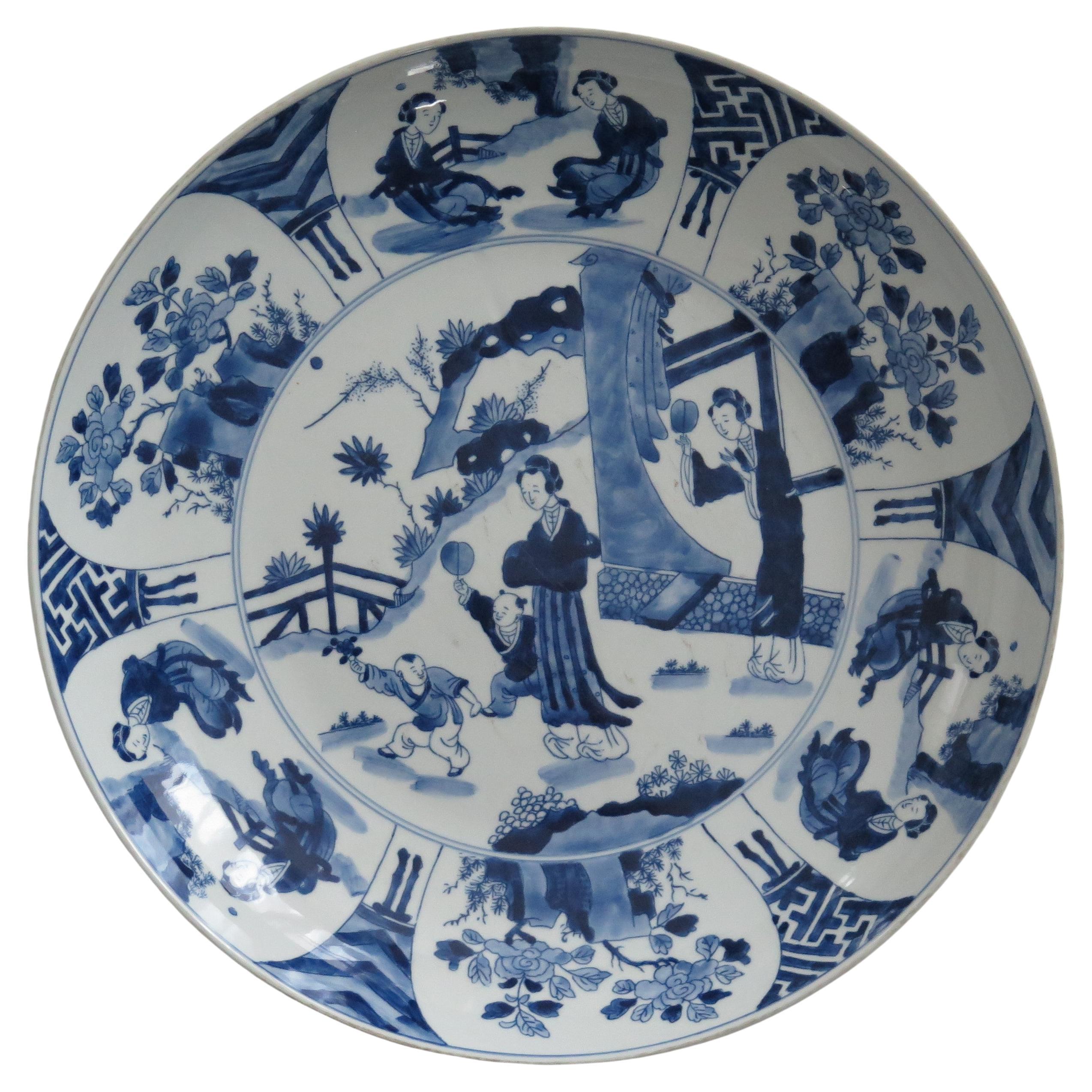 Große chinesische Exportschale oder Teller aus Porzellan in Blau und Weiß, ca. 1920er Jahre