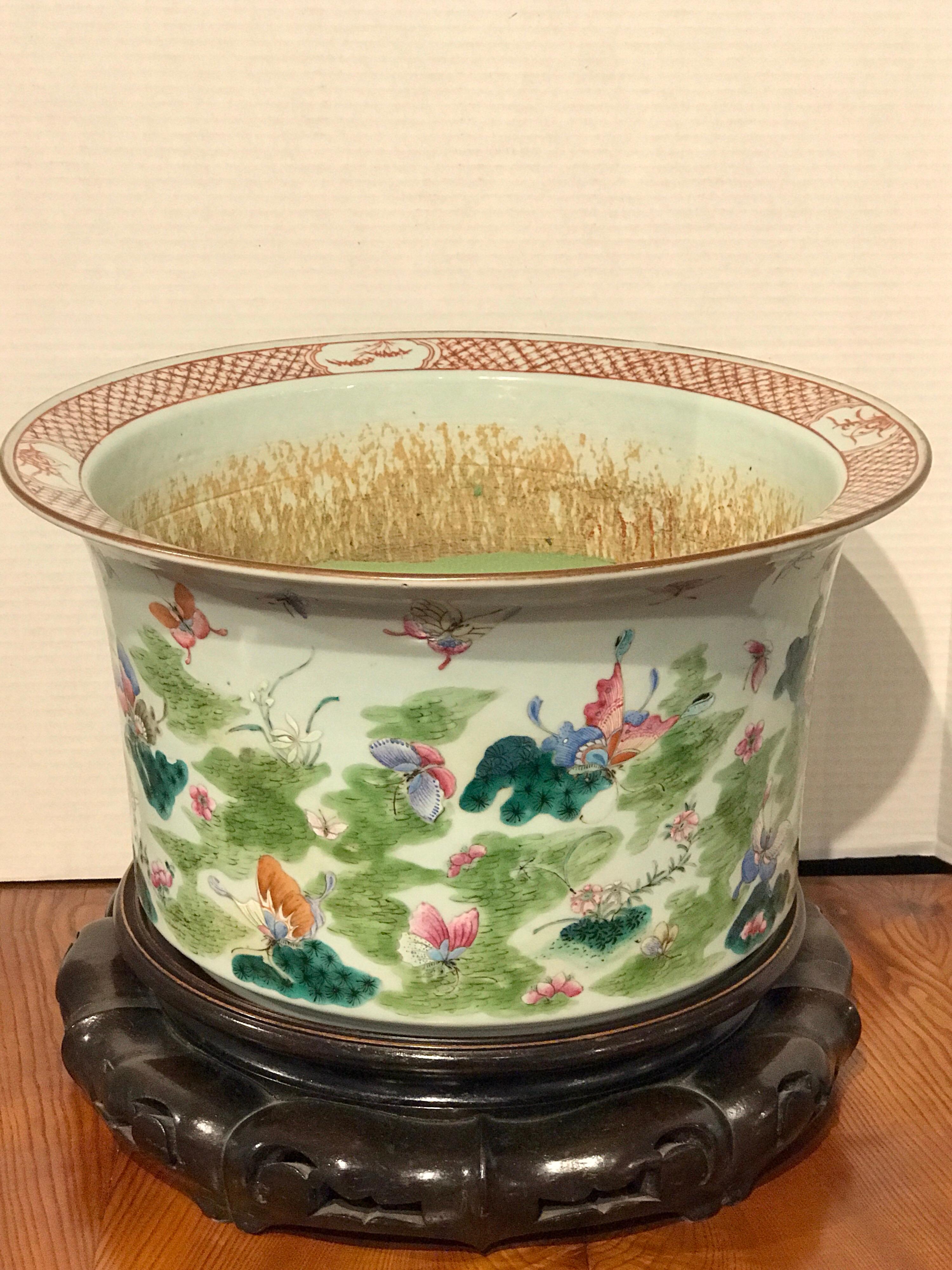 Large Chinese export famille verte jardiniere and stand, butterfly motif
consisting of the porcelain jardinière. Measures: 9.5