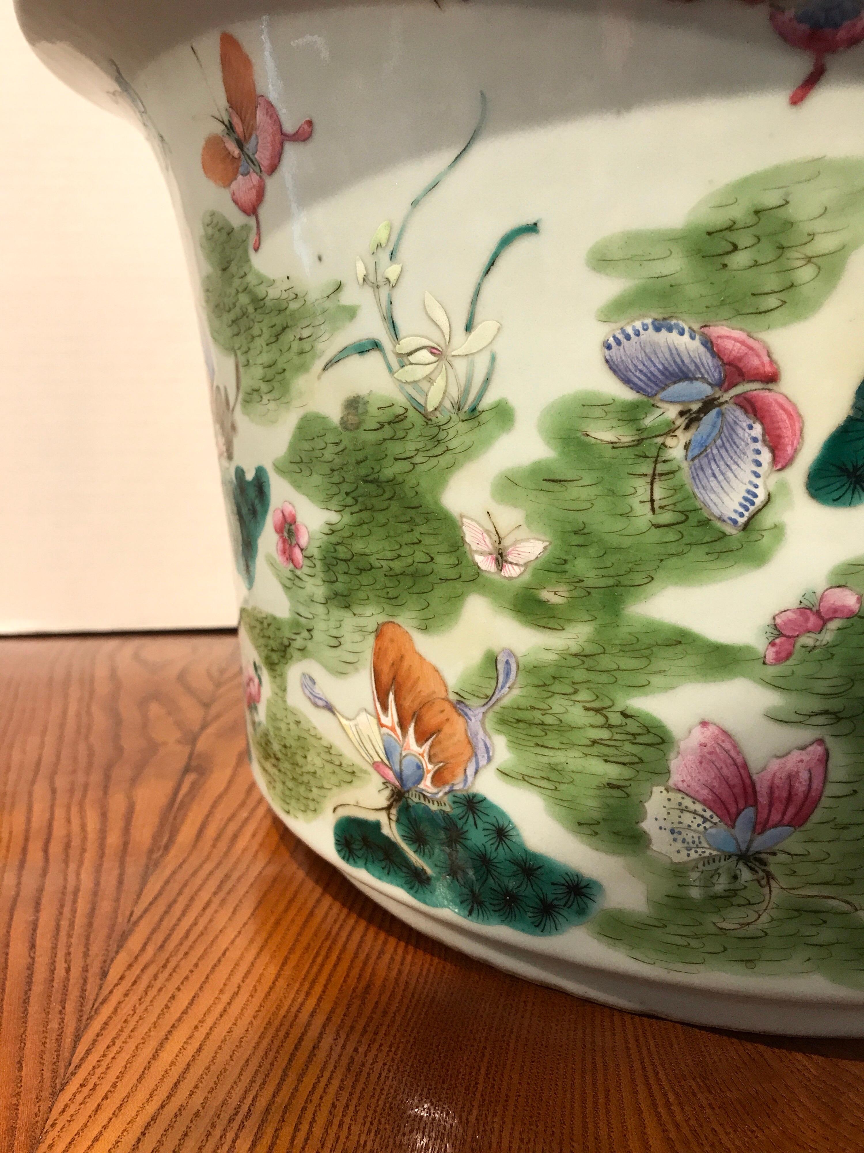 Porcelain Large Chinese Export Famille Verte Jardiniere and Stand, Butterfly Motif