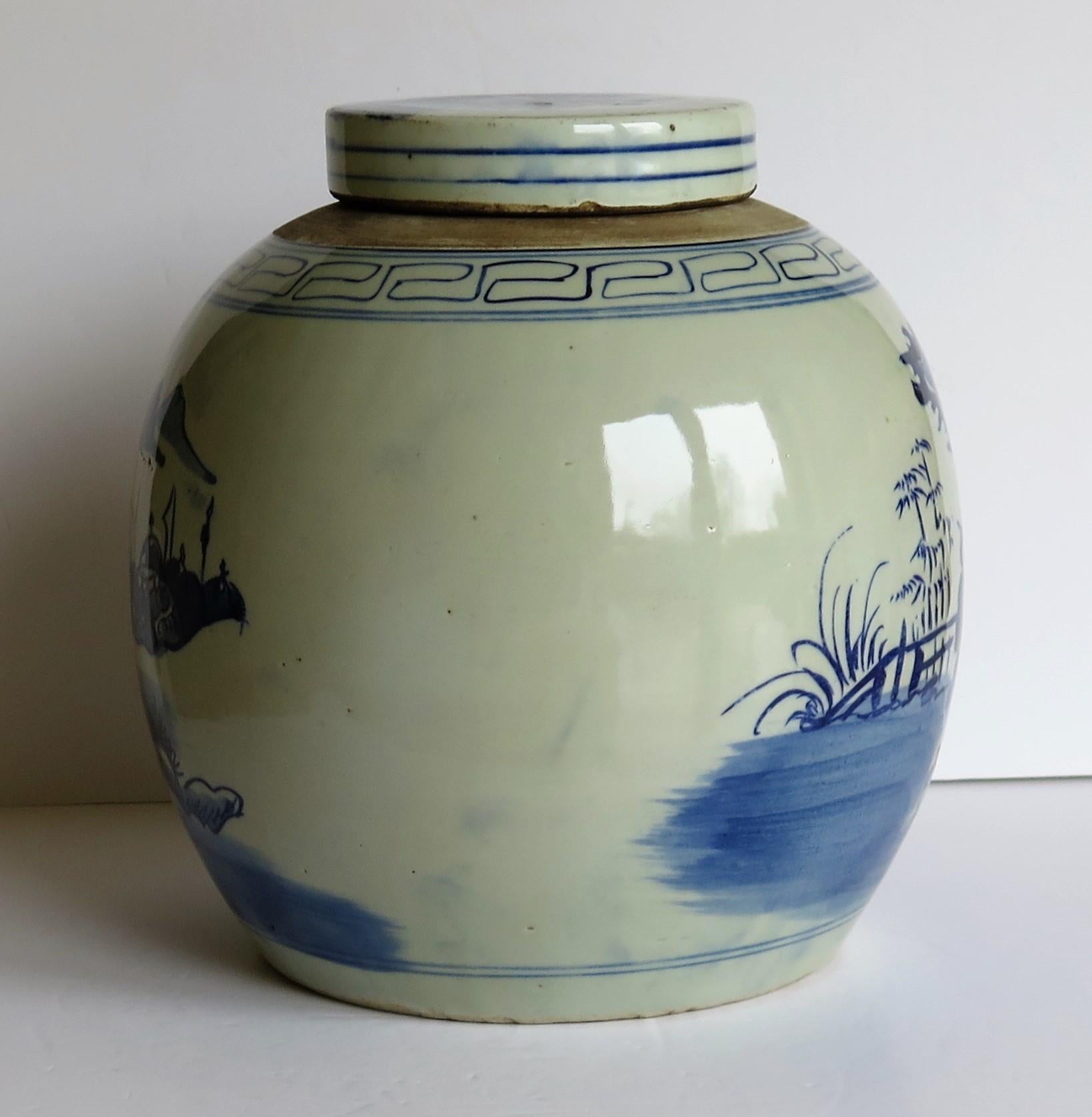 Ceramic Large Chinese Export Lidded Jar Blue and White Hand Painted, Mid-20th Century